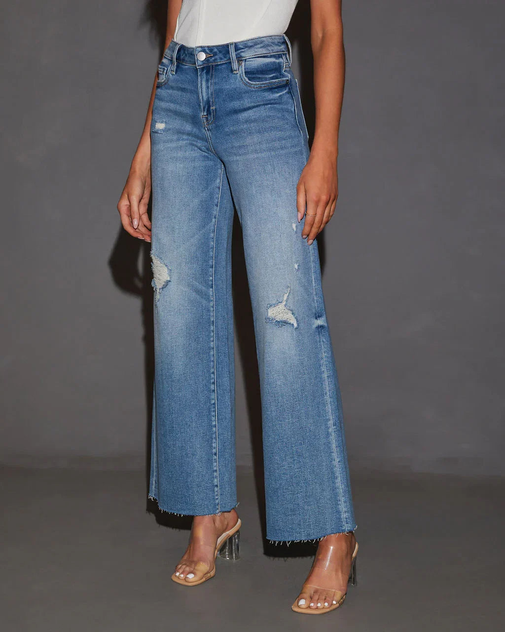 Cooper Super Stretch High Rise Wide Leg Distressed Jeans
