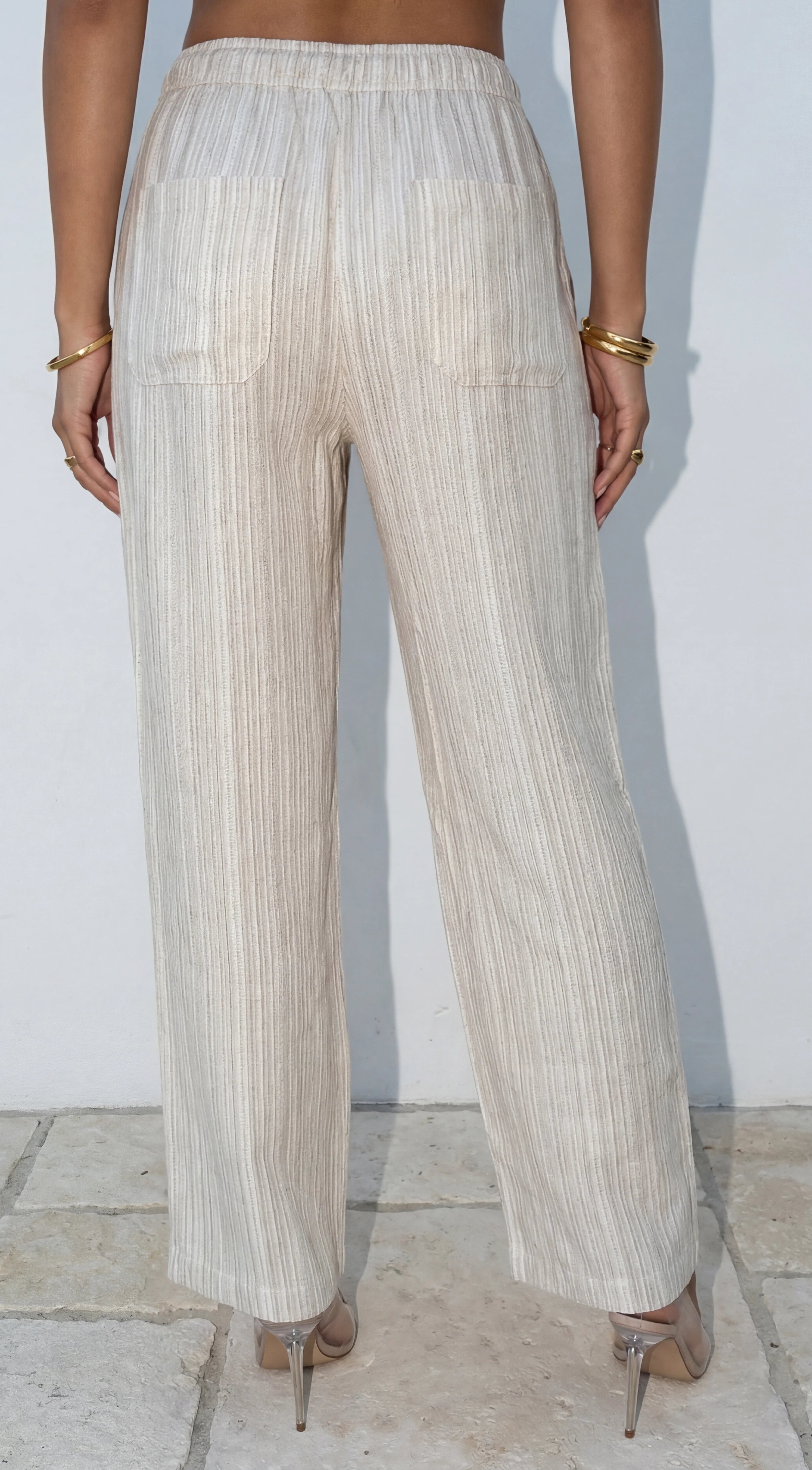 Marlow Striped Linen Wide Leg Pants Beige