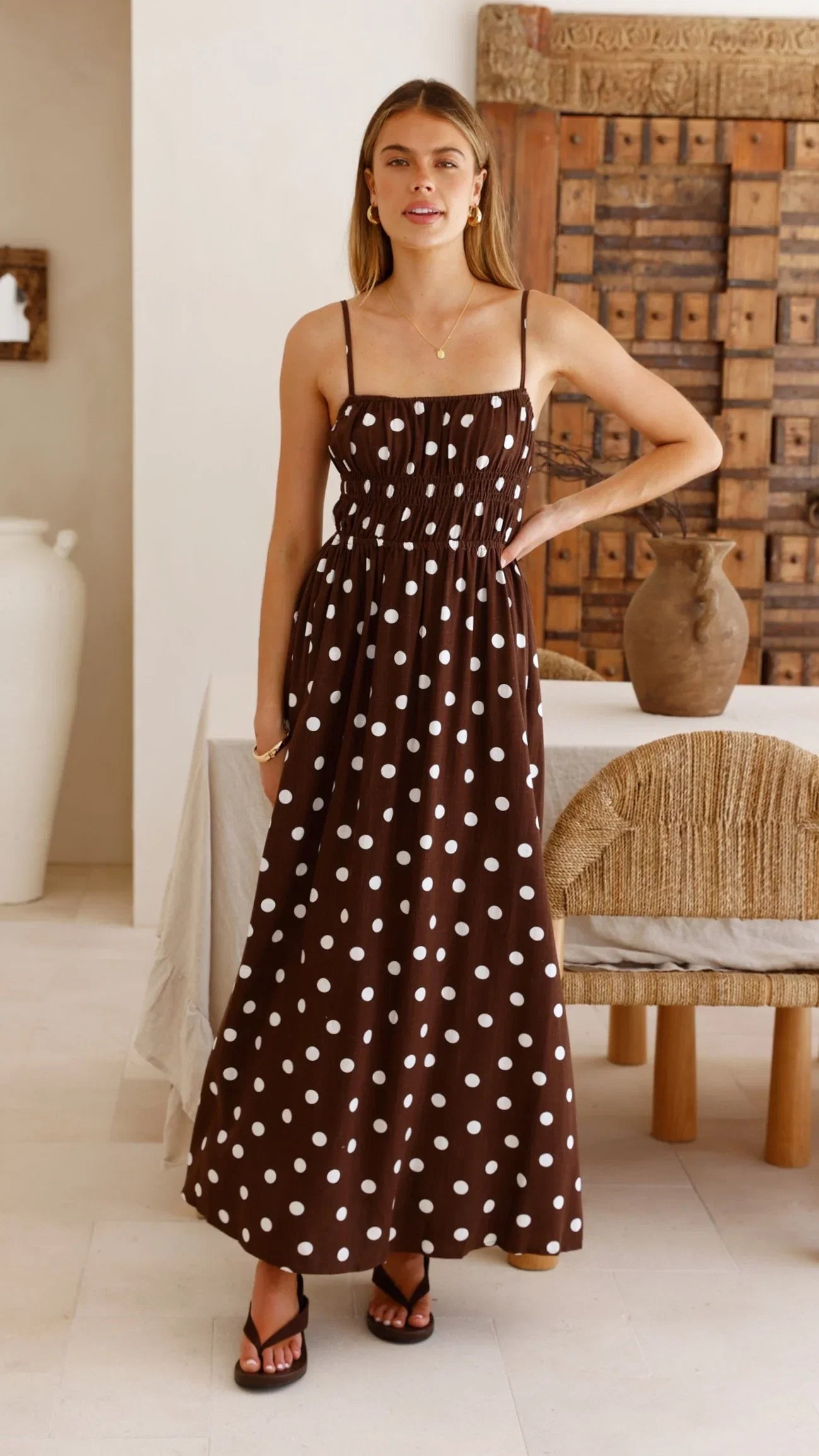 Solare Maxi Dress Brown White Polka
