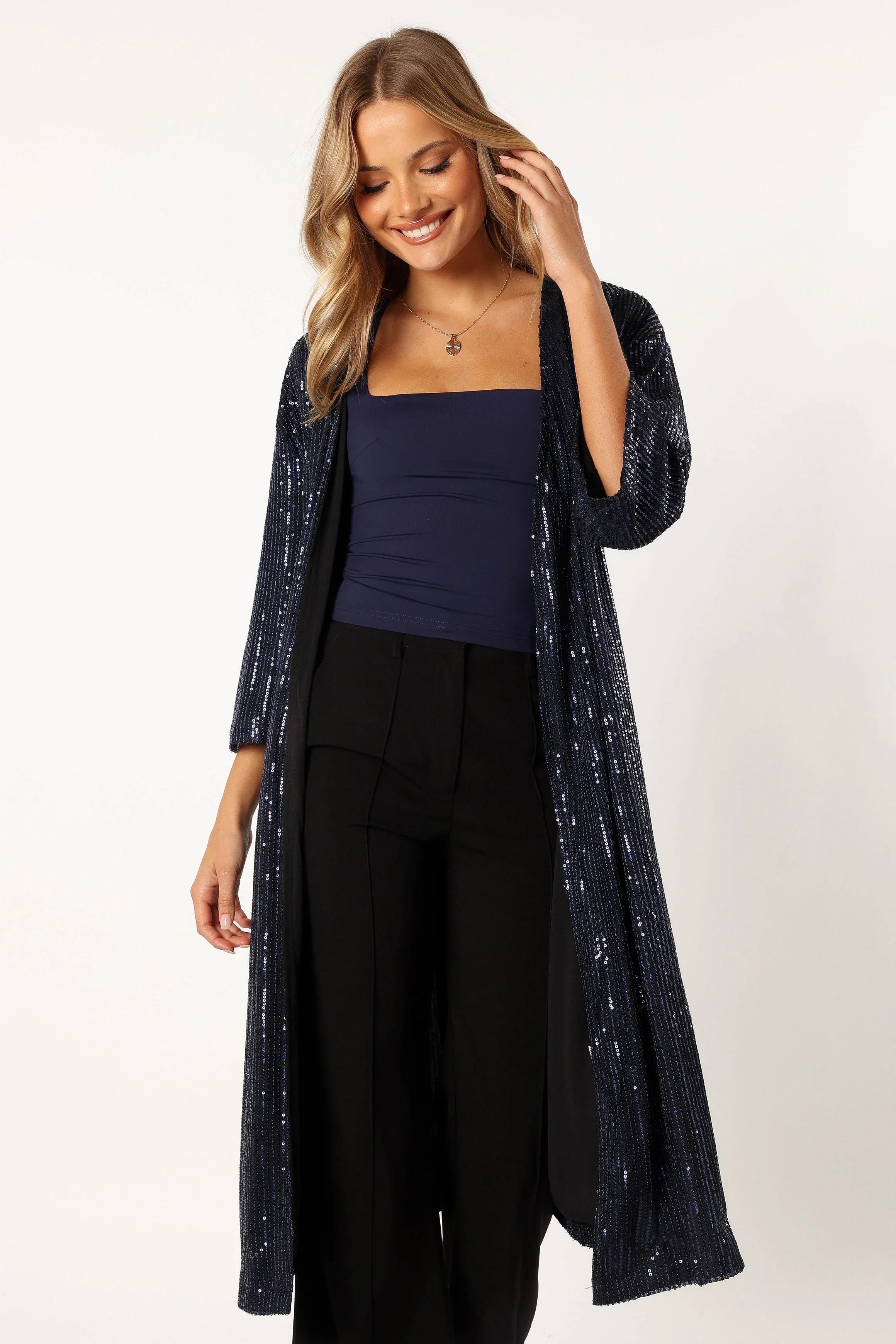 Karsyn Open Front Sequin Duster Navy