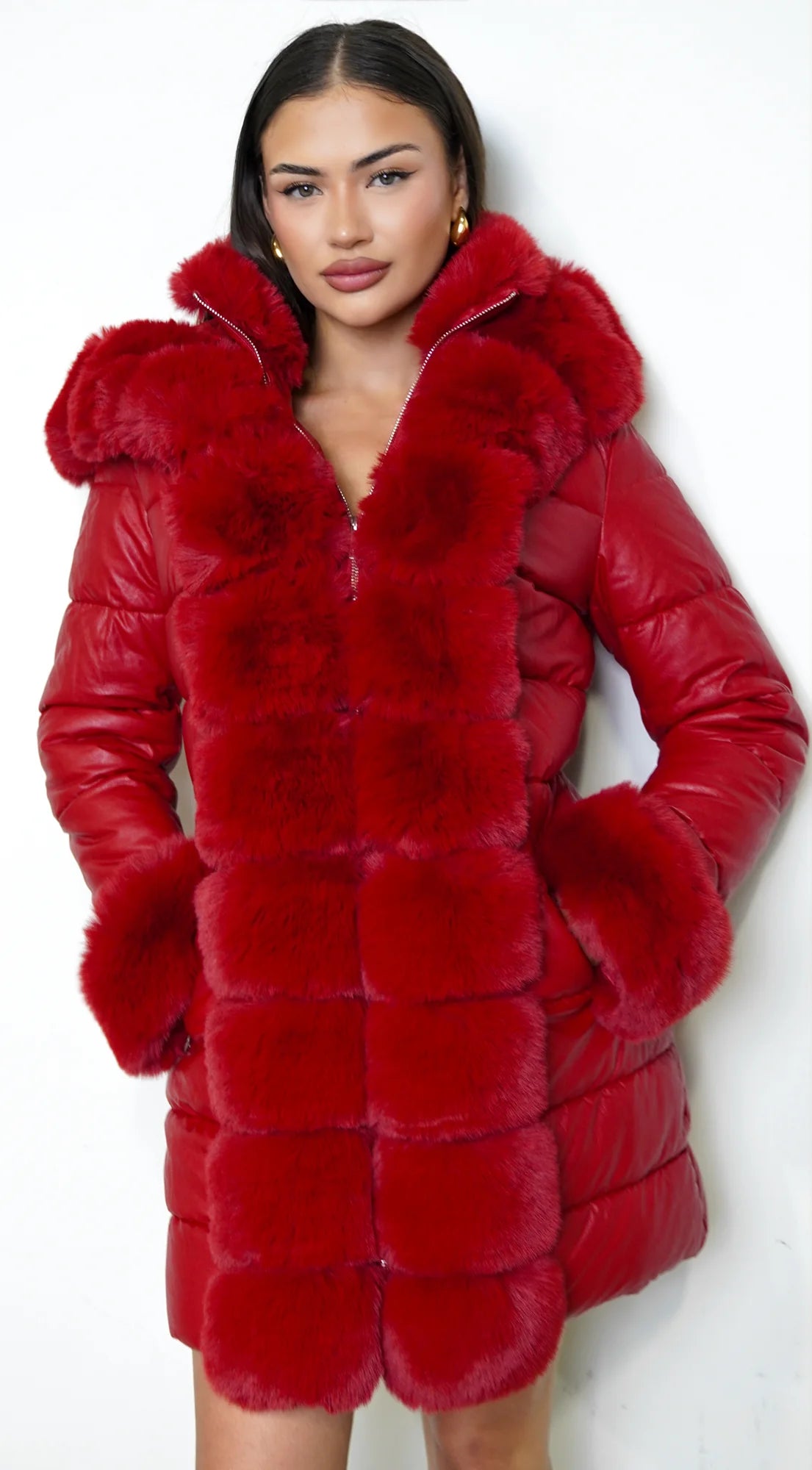 Glacier PU Puffer Fur Jacket Red