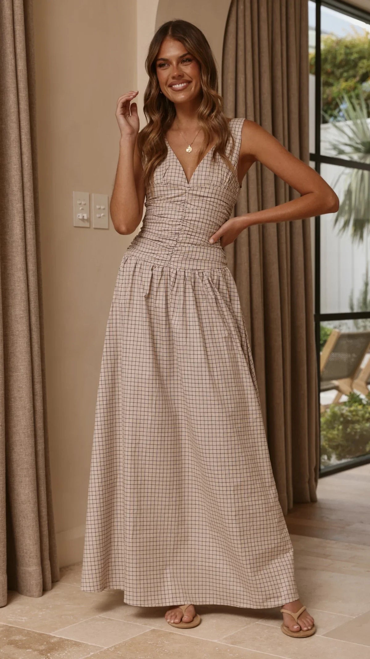 Sanya Maxi Dress Beige Check