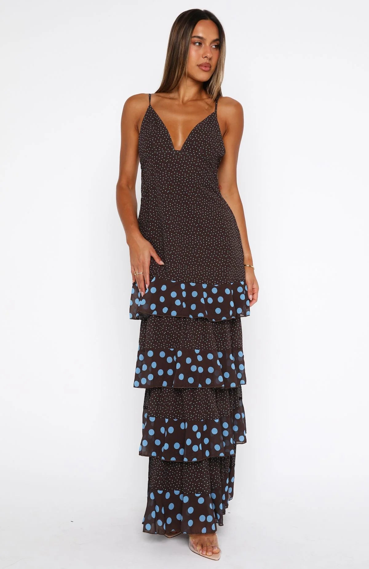 Princess Maxi Dress Chocolate Blue Polka Dot