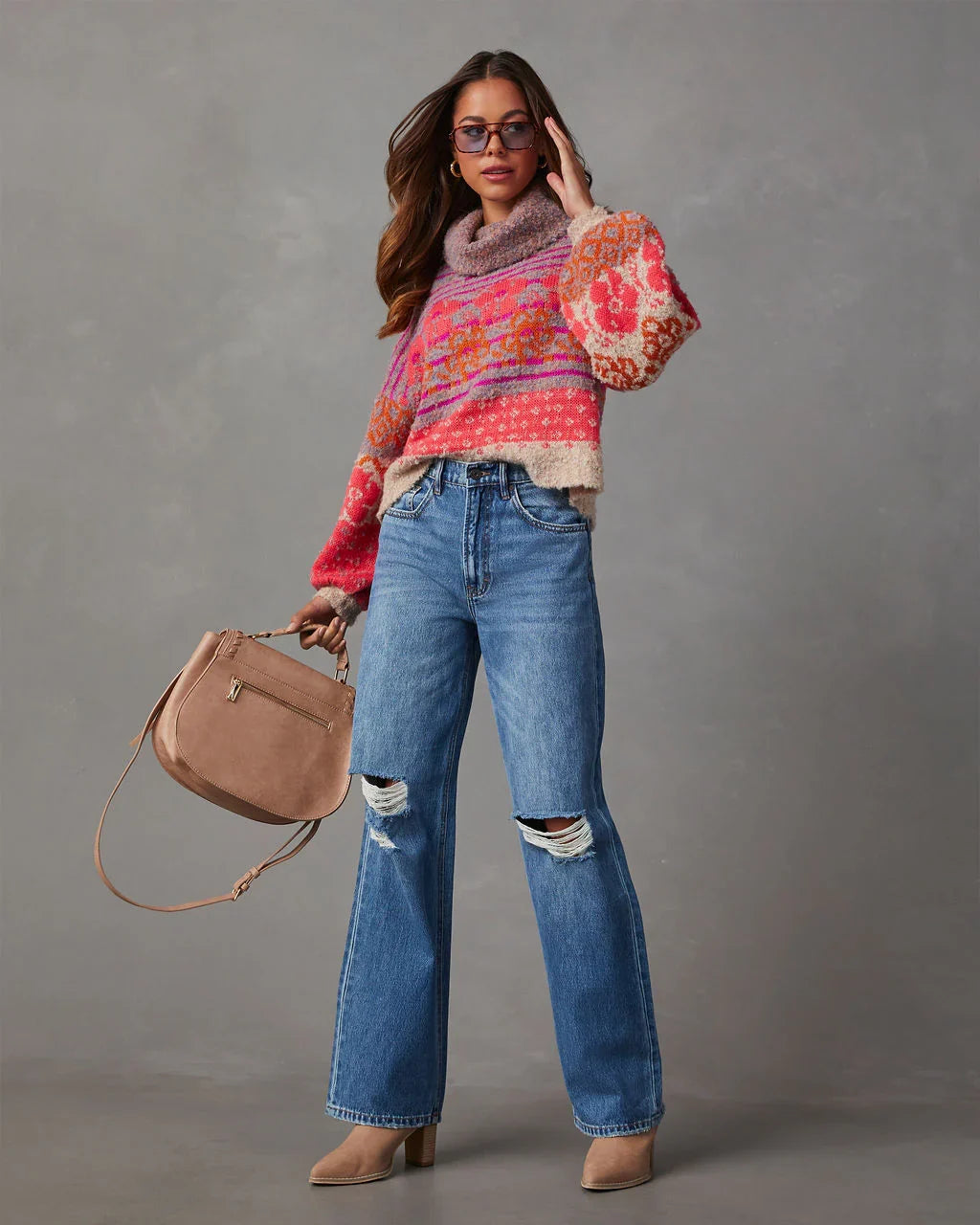 Monet Knit Printed Turtleneck Pullover Sweater