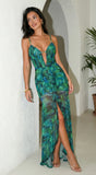 Palmera Tropical Ruched Mesh Maxi Dress Green