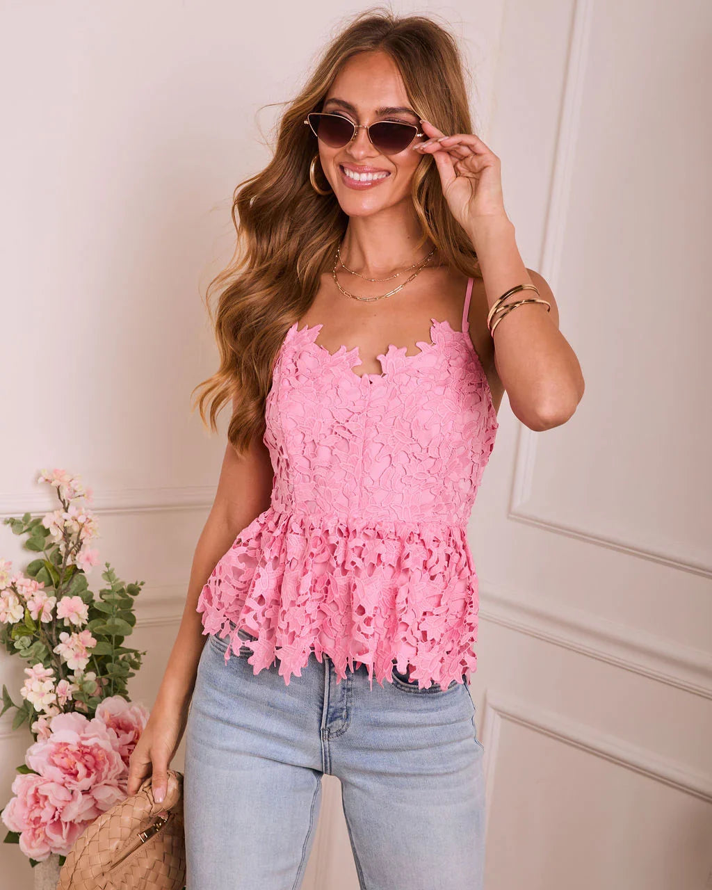 Picturesque Open Floral Lace Crochet Peplum Top
