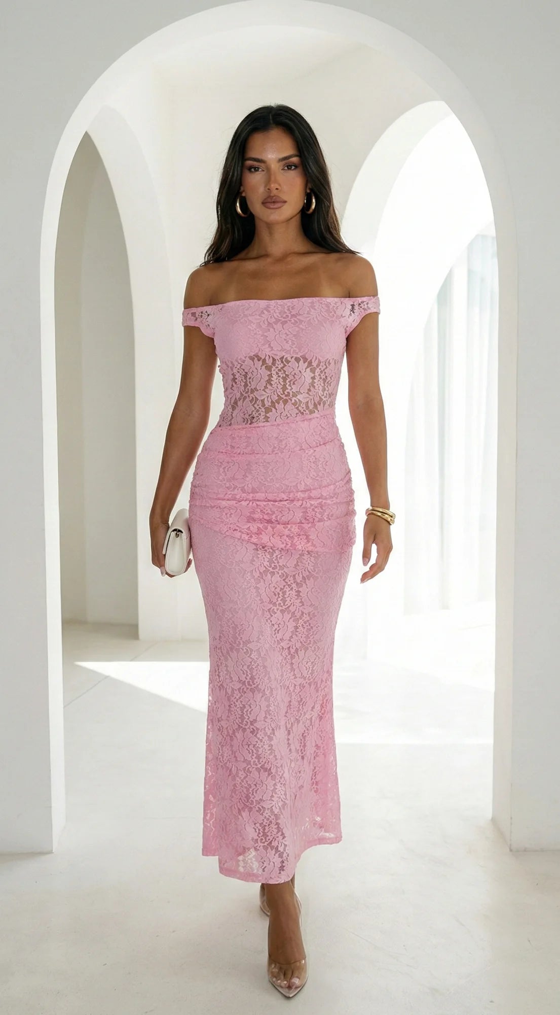 Roselune Lace Off Shoulder Dress Pink