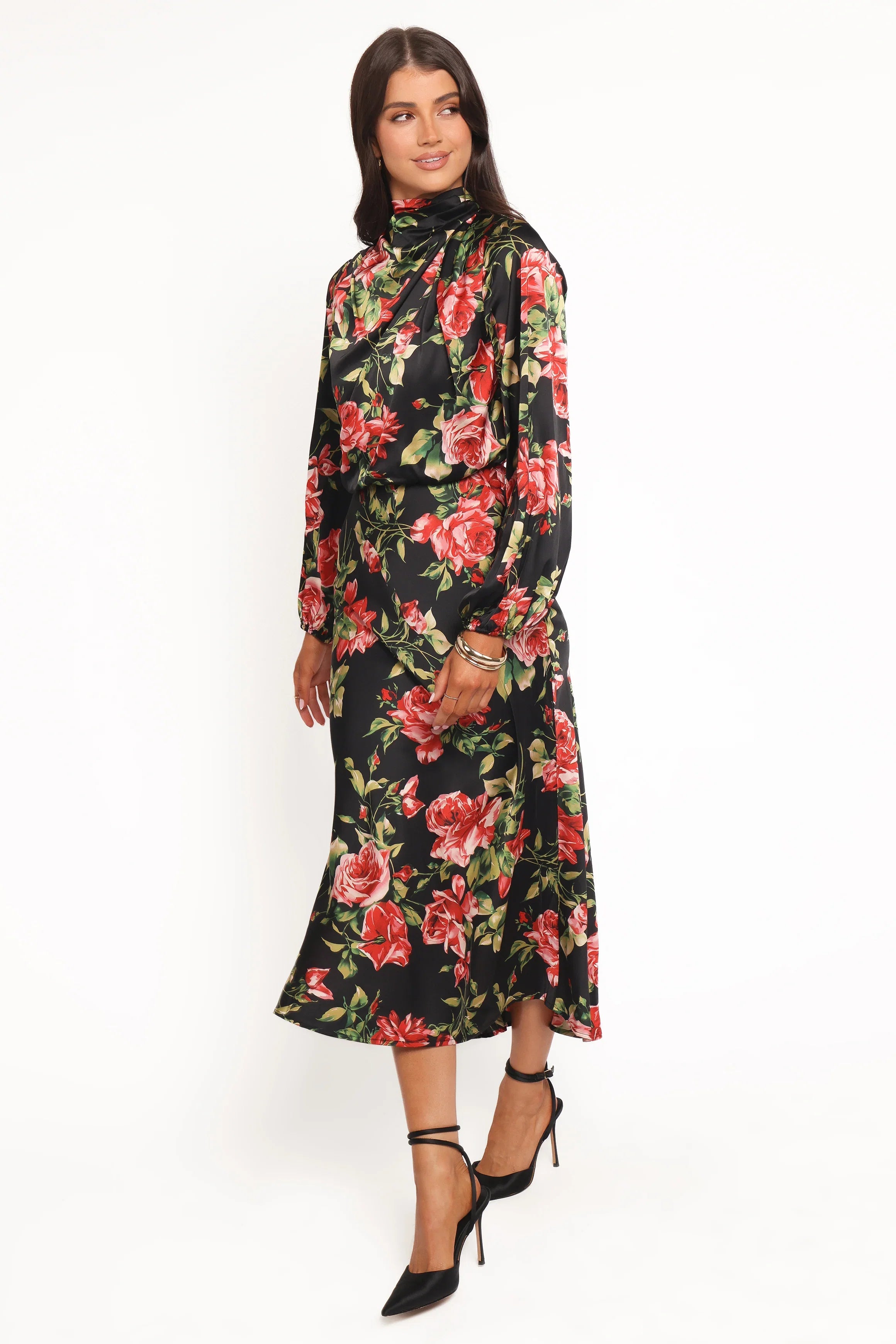 Perrie Long Sleeve Midi Dress Black Floral