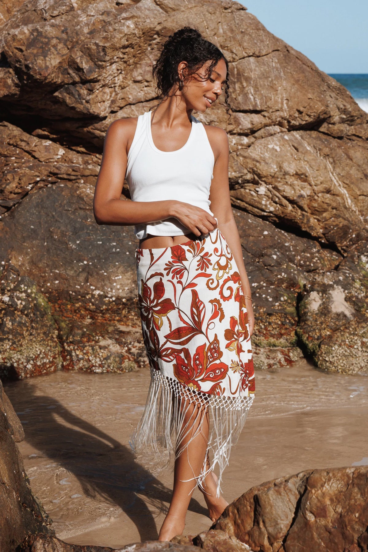 Shelby Midi Fringe Skirt Brown Floral