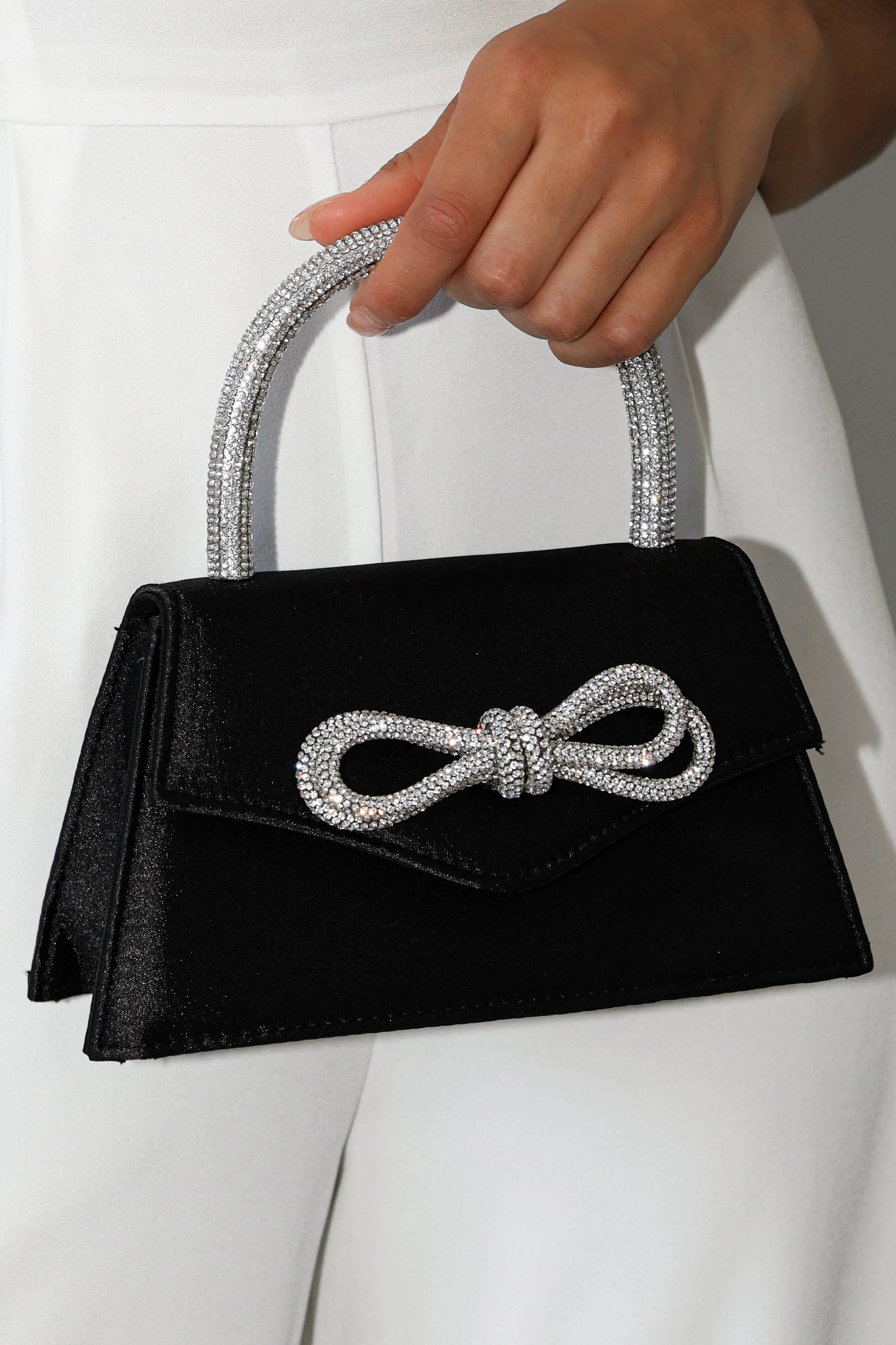 Flicka Rhinestone Bow Bag Black Satin