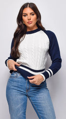 Tasha Color Block Long Cable Knit Long Sleeve Sweater Top Cream