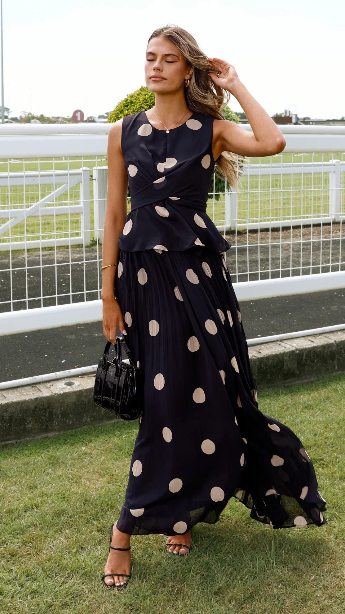 Cambree Peplum Top and Maxi Skirt Set Black Beige Polka Dot
