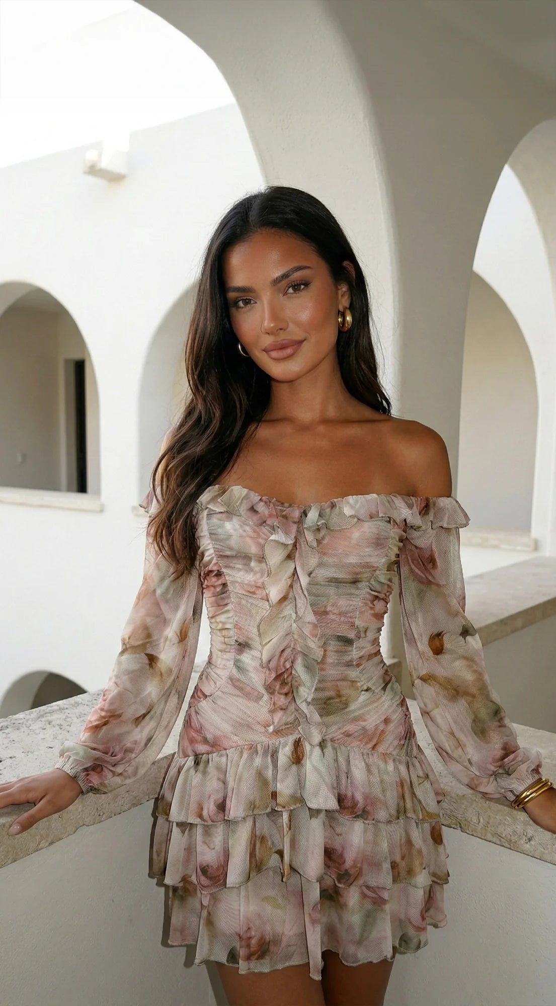 Sorrento Garden Floral Off Shoulder Ruffle Mini Dress Beige Multi