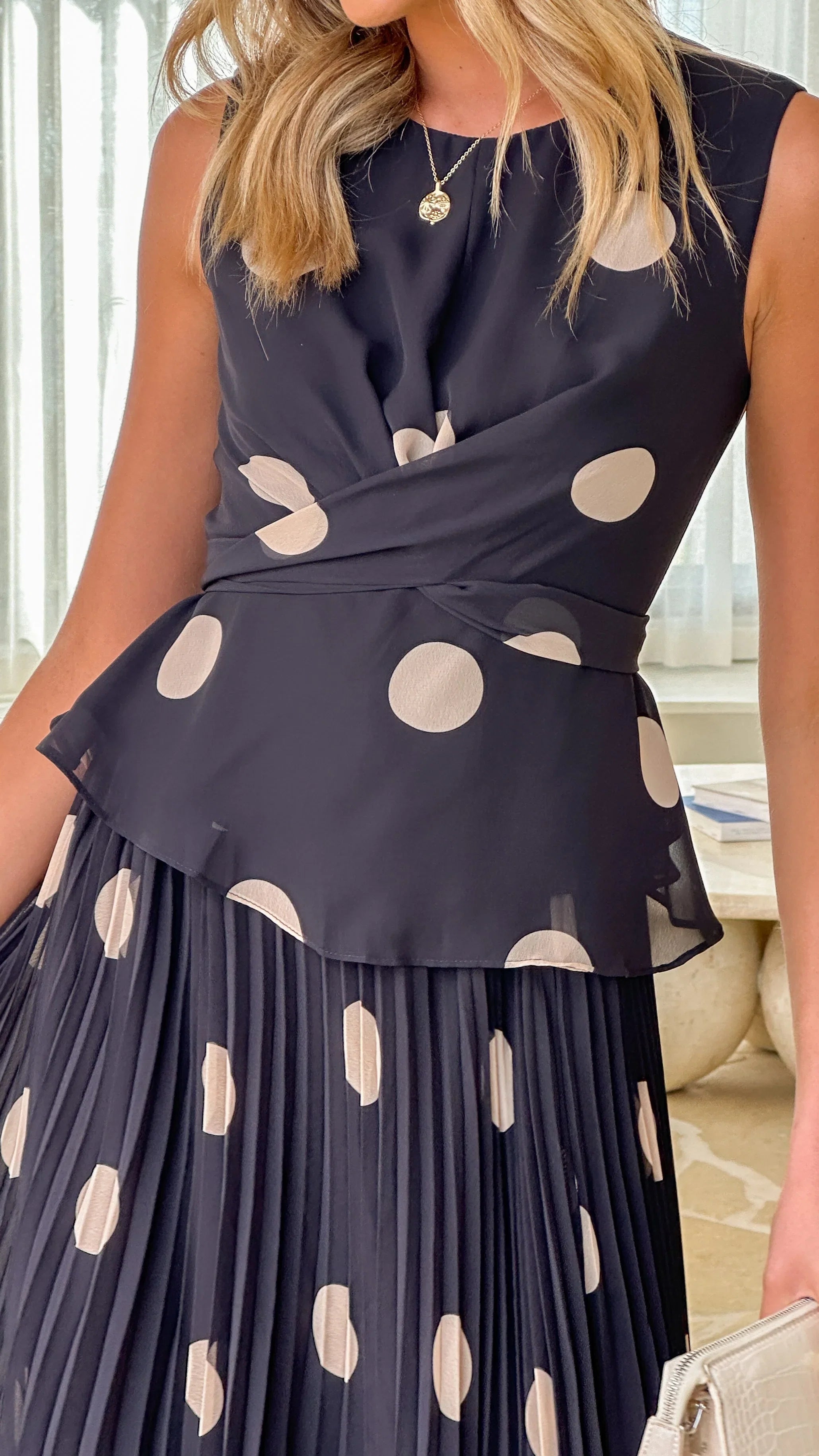 Cambree Peplum Top and Maxi Skirt Set Black Beige Polka Dot