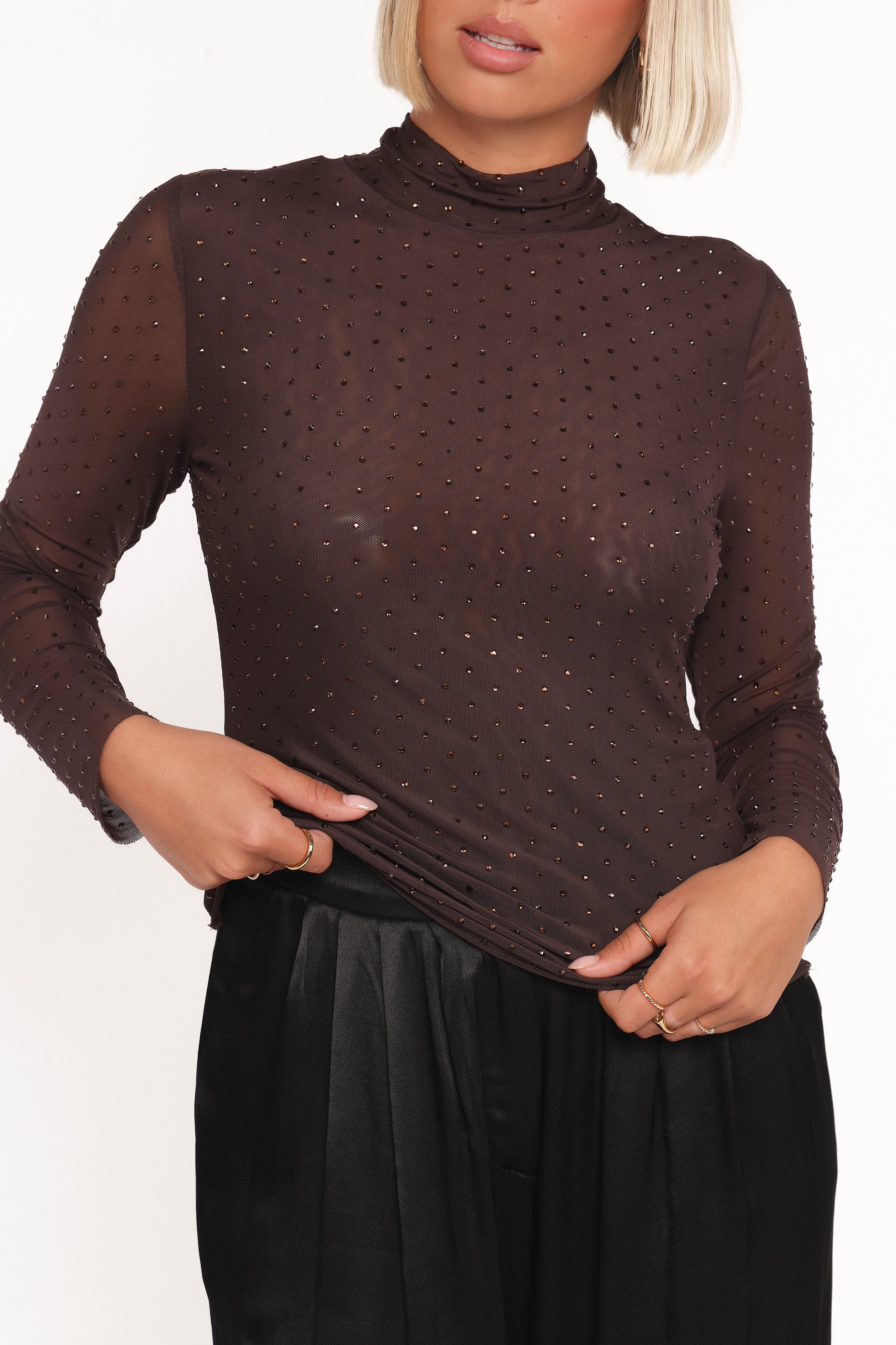 Alejandra Embellished Mesh Top Dark Chocolate