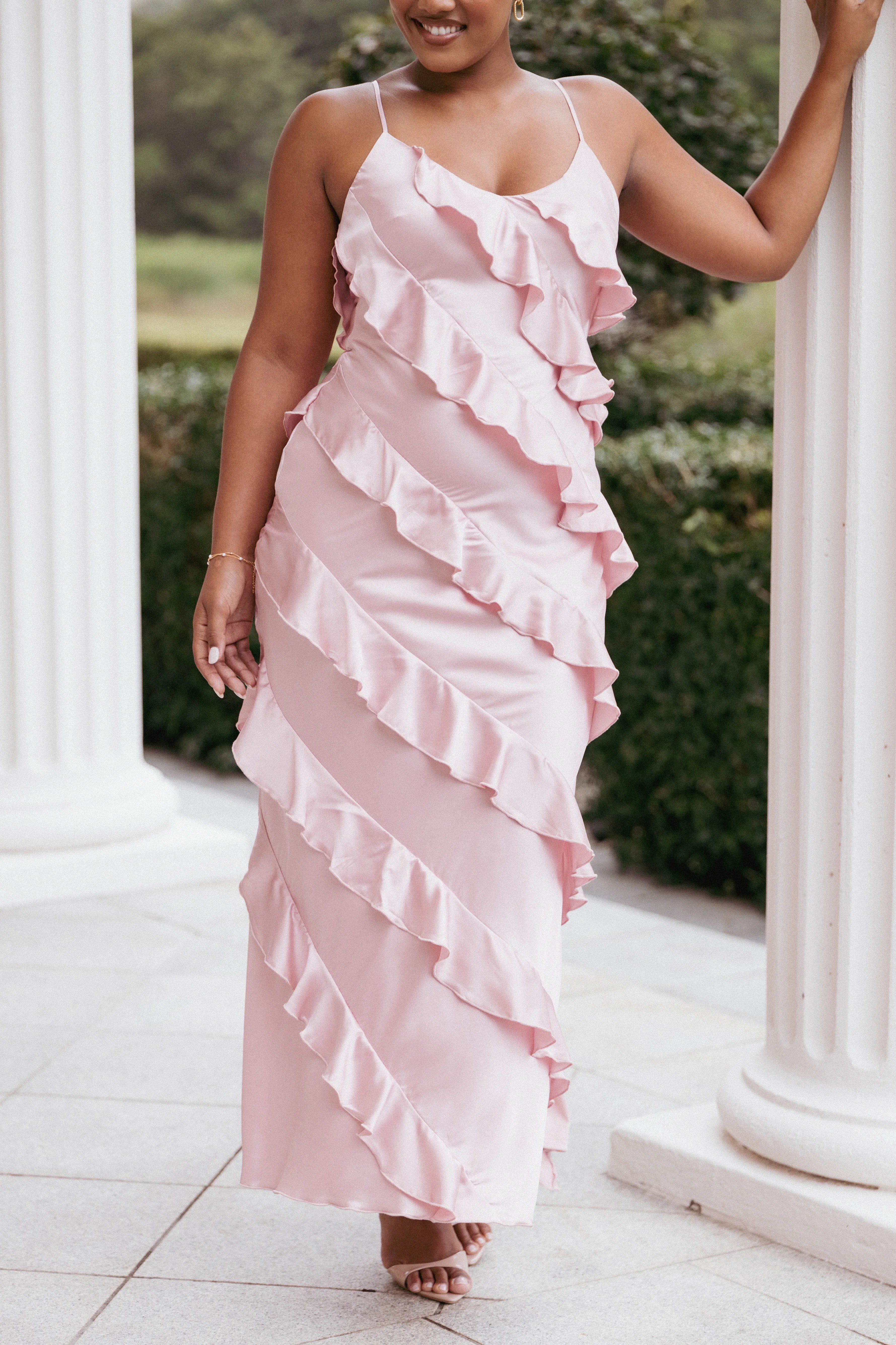 Ciao Ruffles Maxi Satin Dress Pink