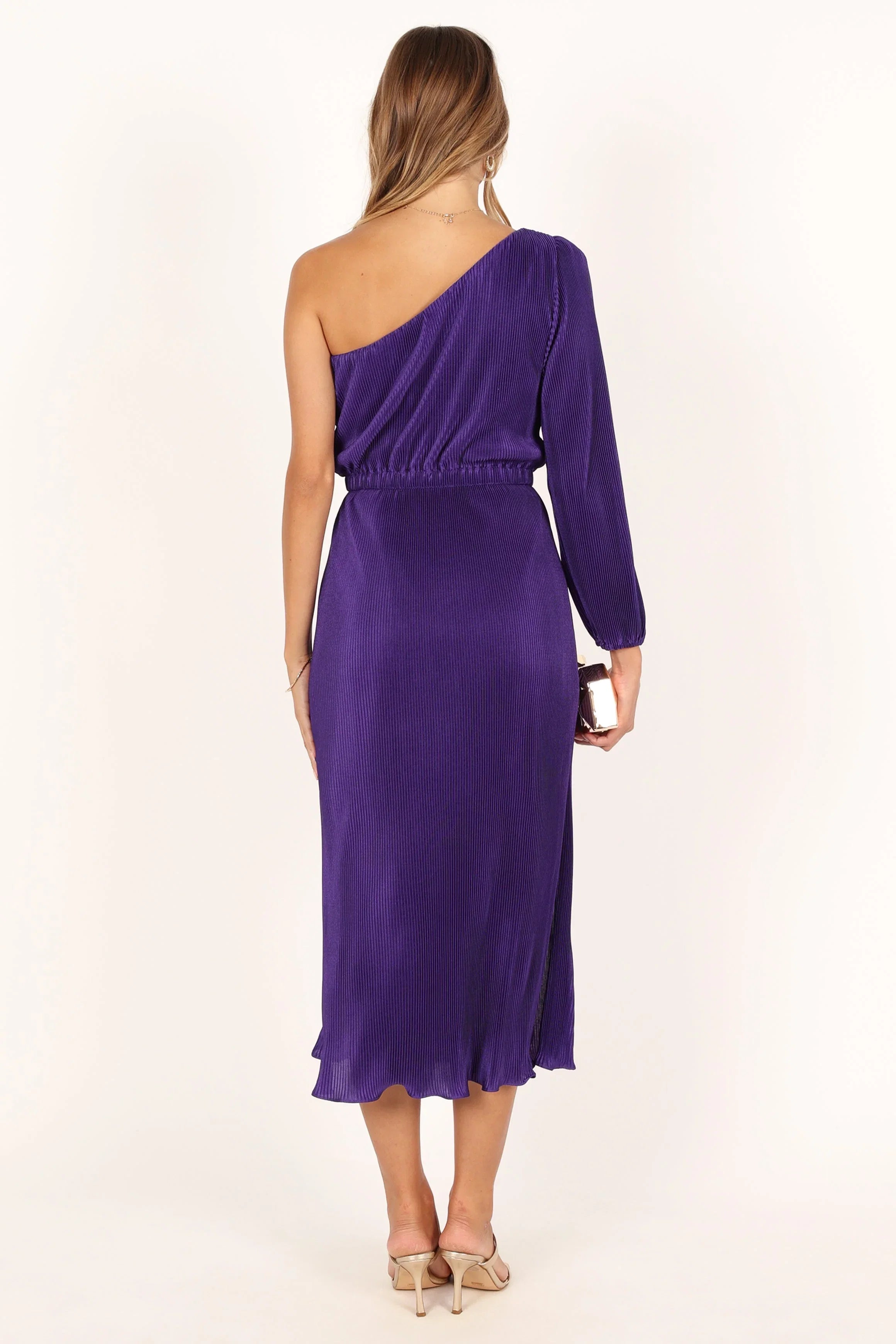 Pontee One Shoulder Pleated Midi Dress Purple