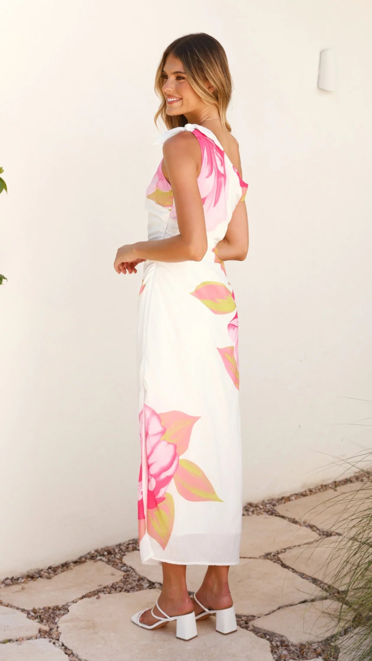 Maisy Shoulder Tie Midi Dress Pink Green
