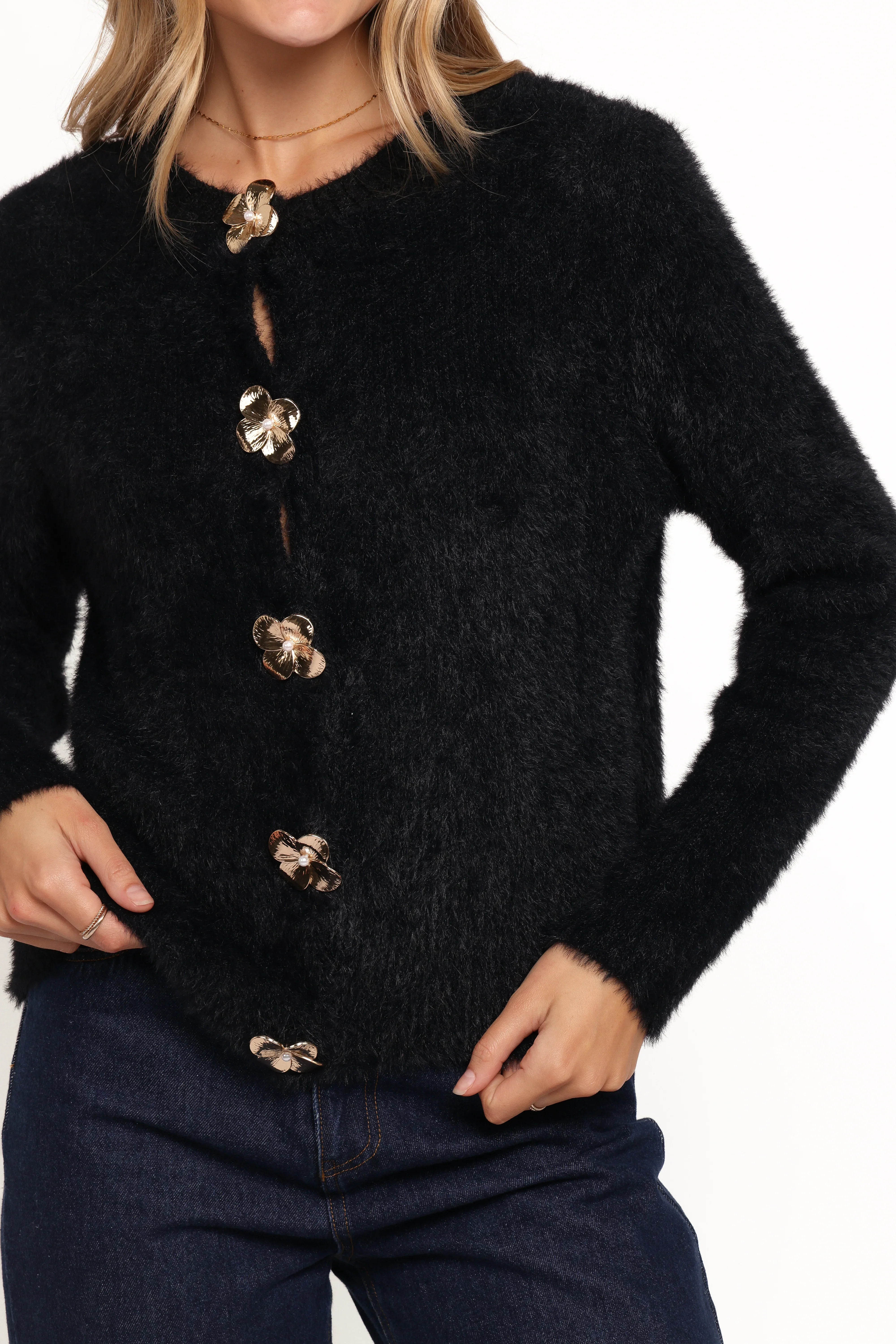 Donna Flower Button Cardigan Black