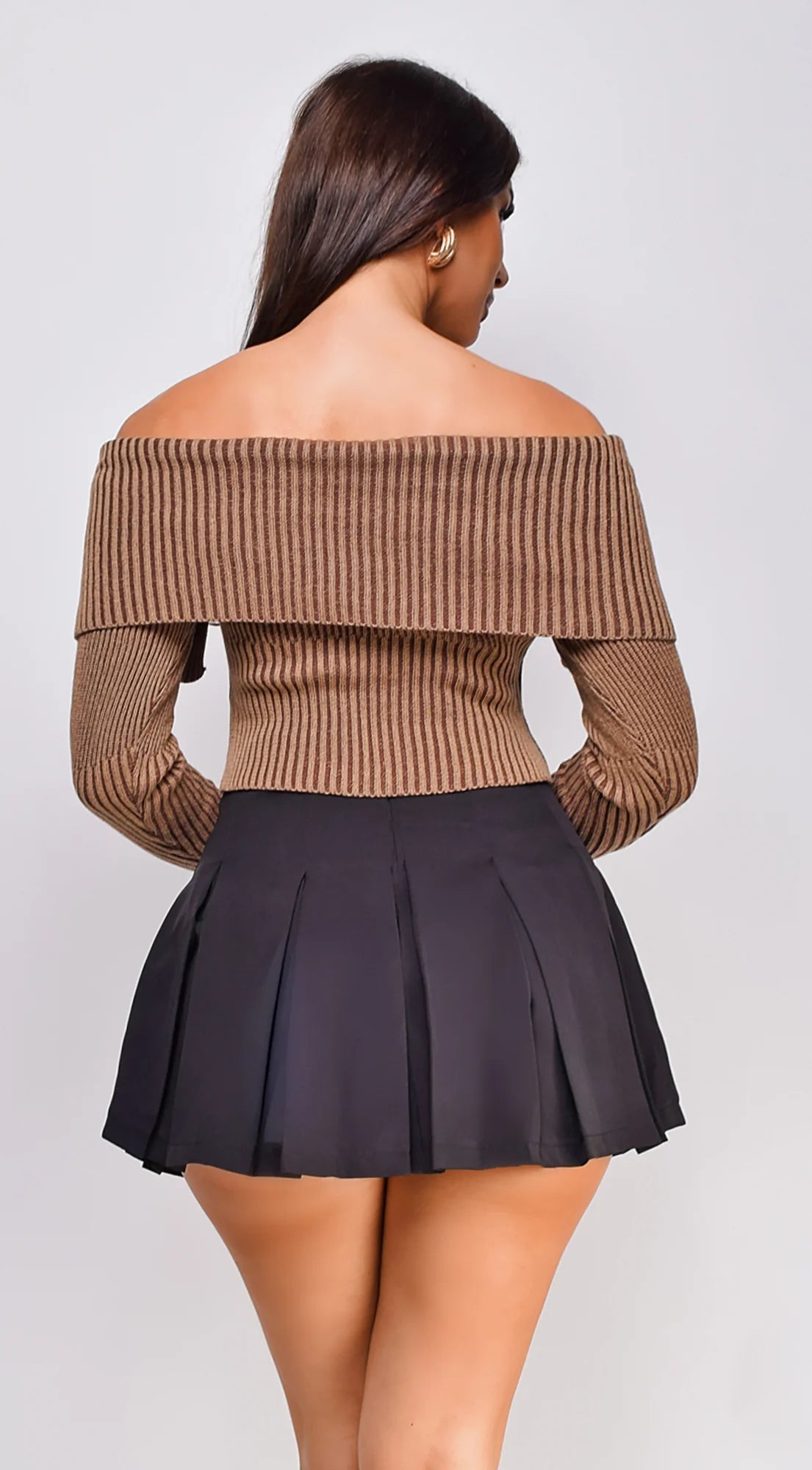 Moxie Off Shoulder Zip Up Sweater Top Brown