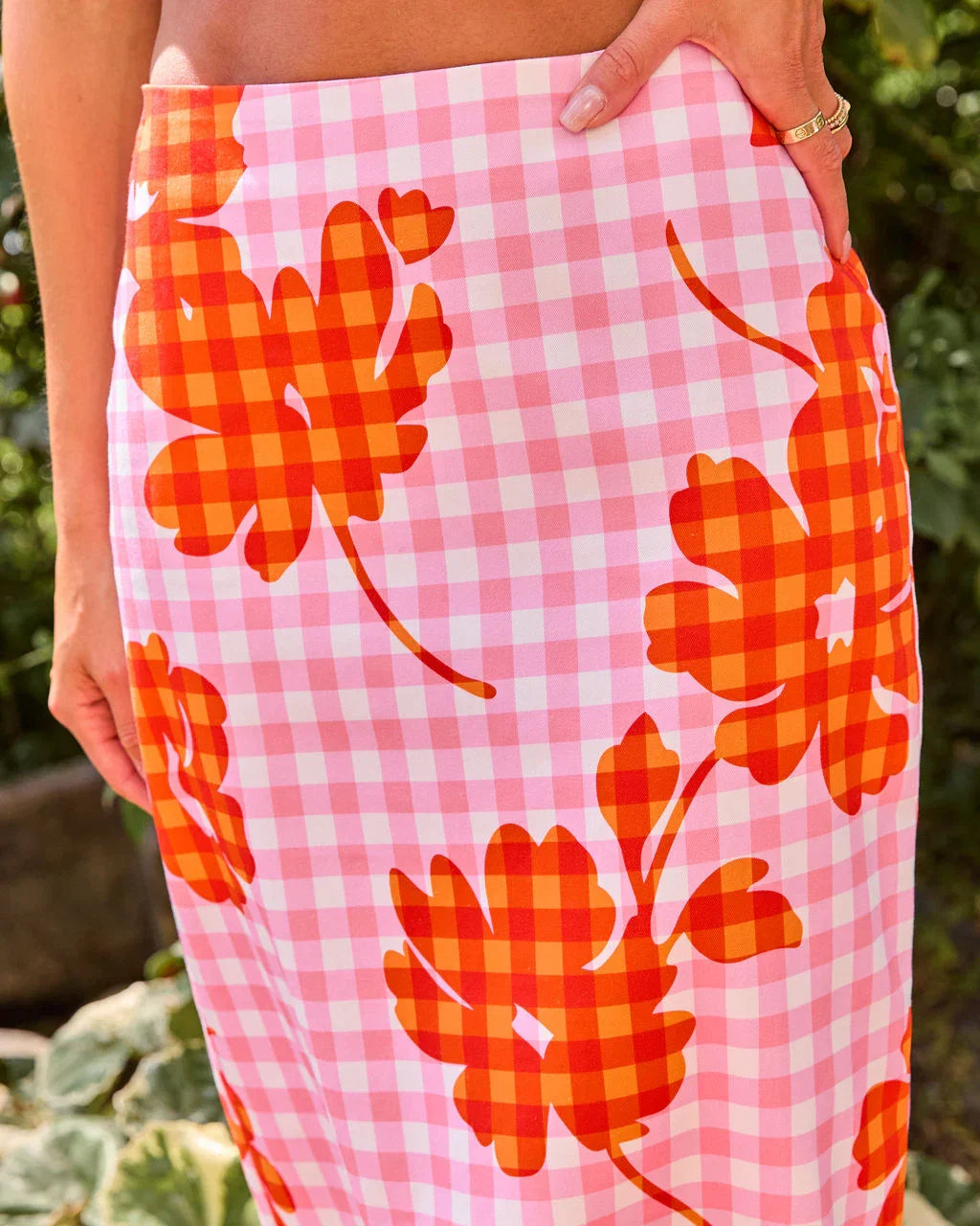 Checked Romance Floral Gingham Print Midi Skirt