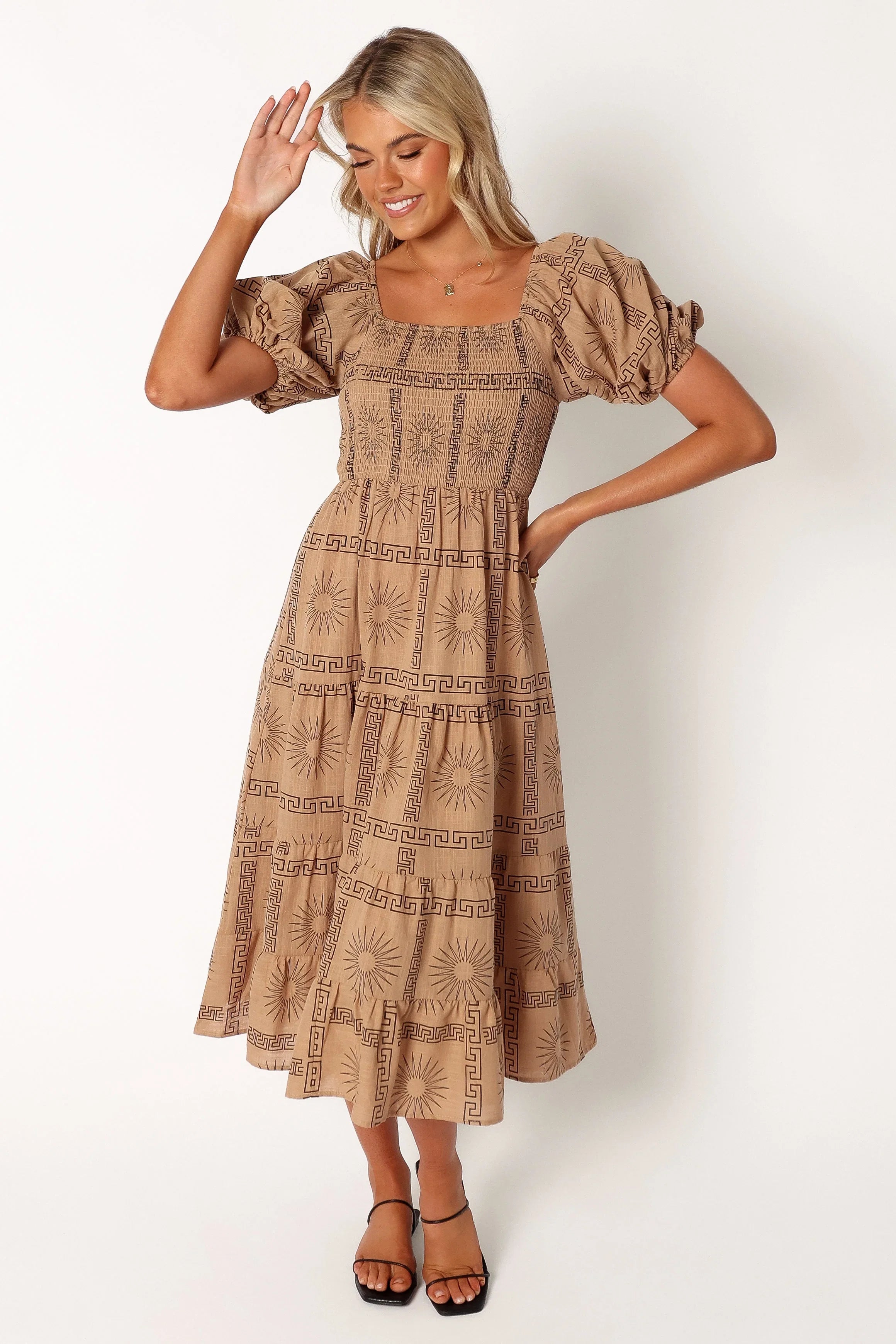 Soliel Puff Sleeve Midi Dress Tan Black