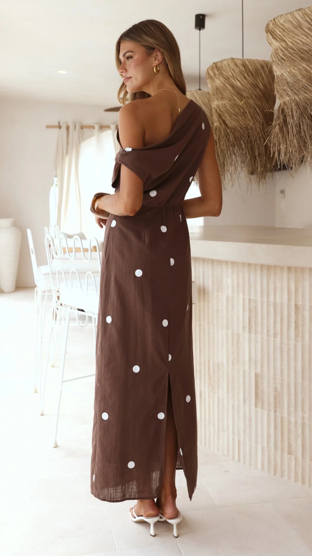 Aurra Off Shoulder Maxi Dress Brown White Polka