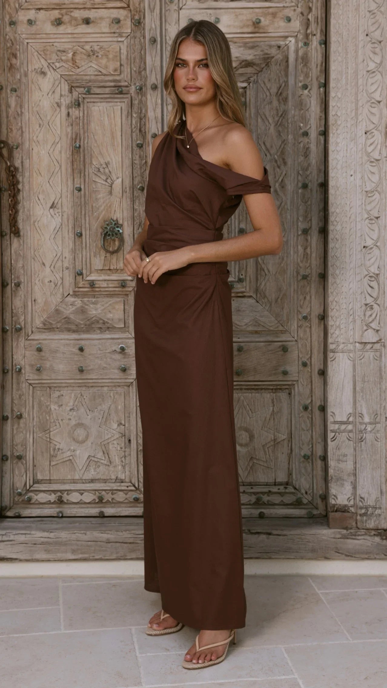 Larissa One Shoulder Maxi Dress Brown