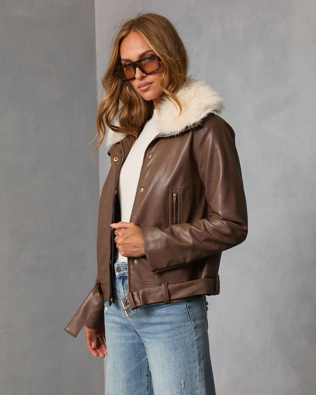 Georginna Leather Fur Collar Moto Jacket