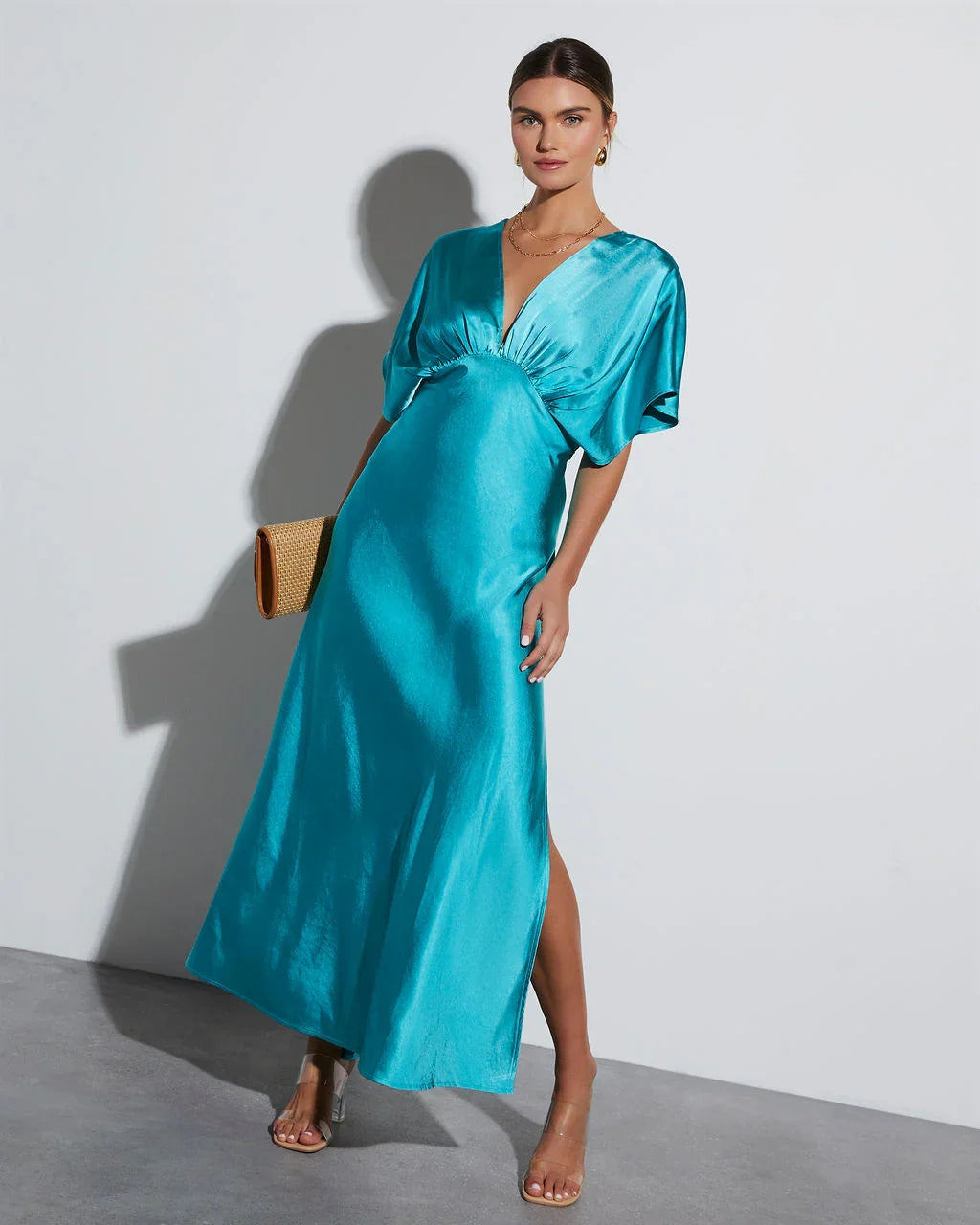 Theia Satin V Neck Maxi Dress