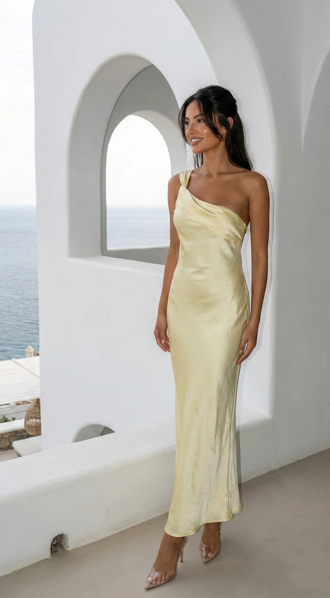 Valencia One Shoulder Satin Maxi Dress Butter Yellow