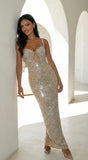 Celestara Rhinestone Cutout Maxi Dress Beige