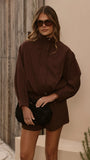 Ivana Funnel Neck Jacket Shorts Set Brown Pinstripe