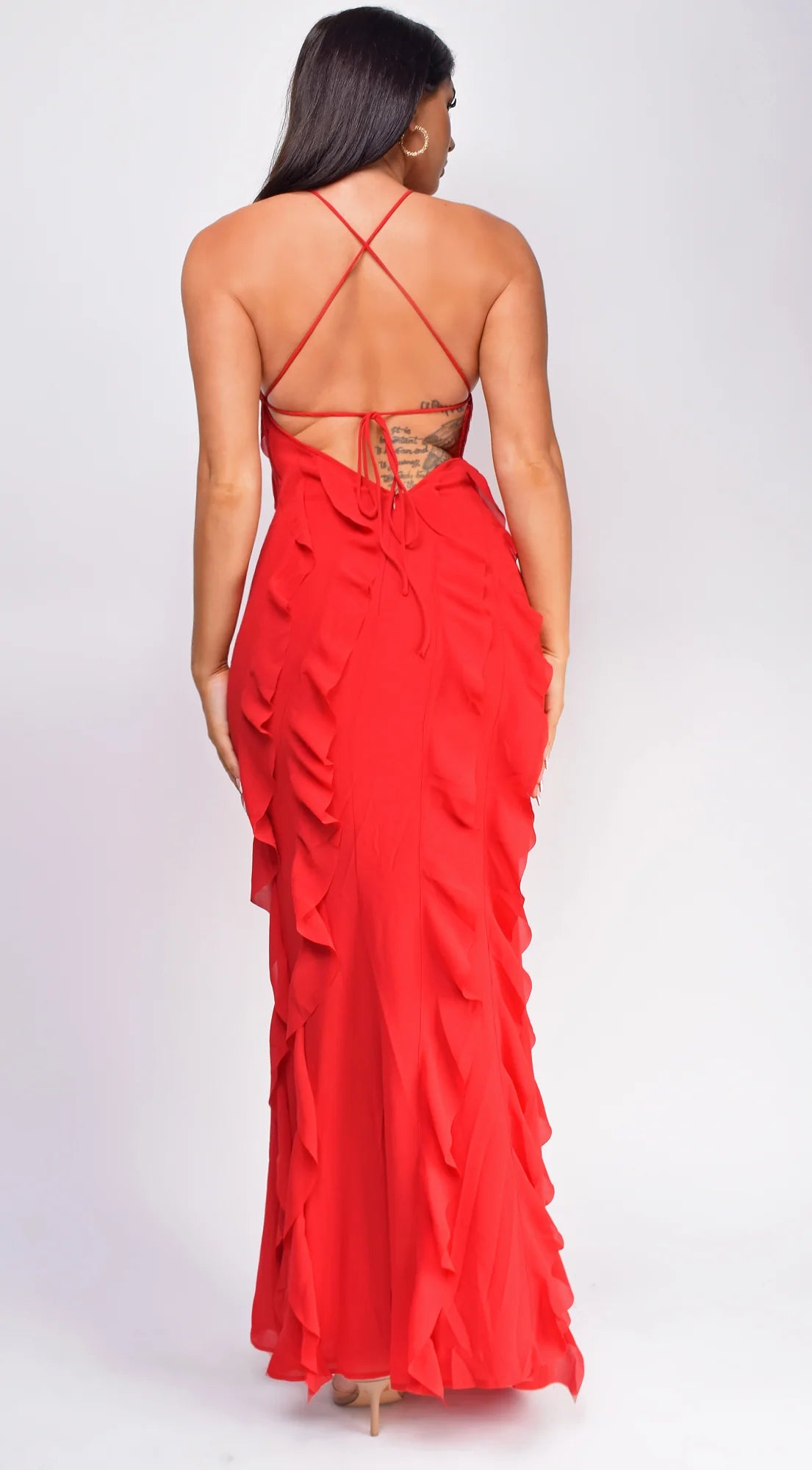 Erma Halter Ruffle Maxi Dress Red