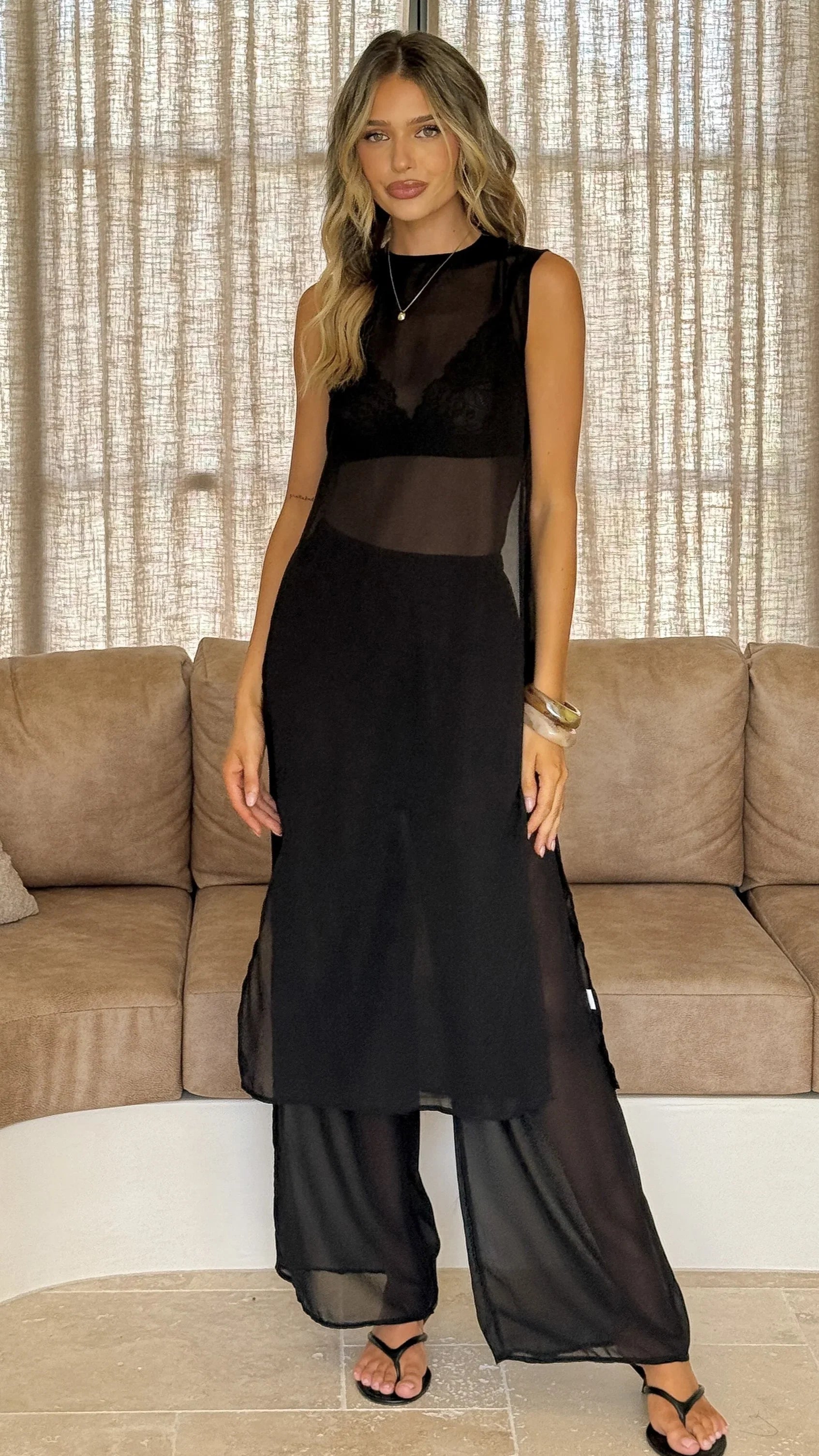 Zaire Long Line Sheer Top and Pants Set Black