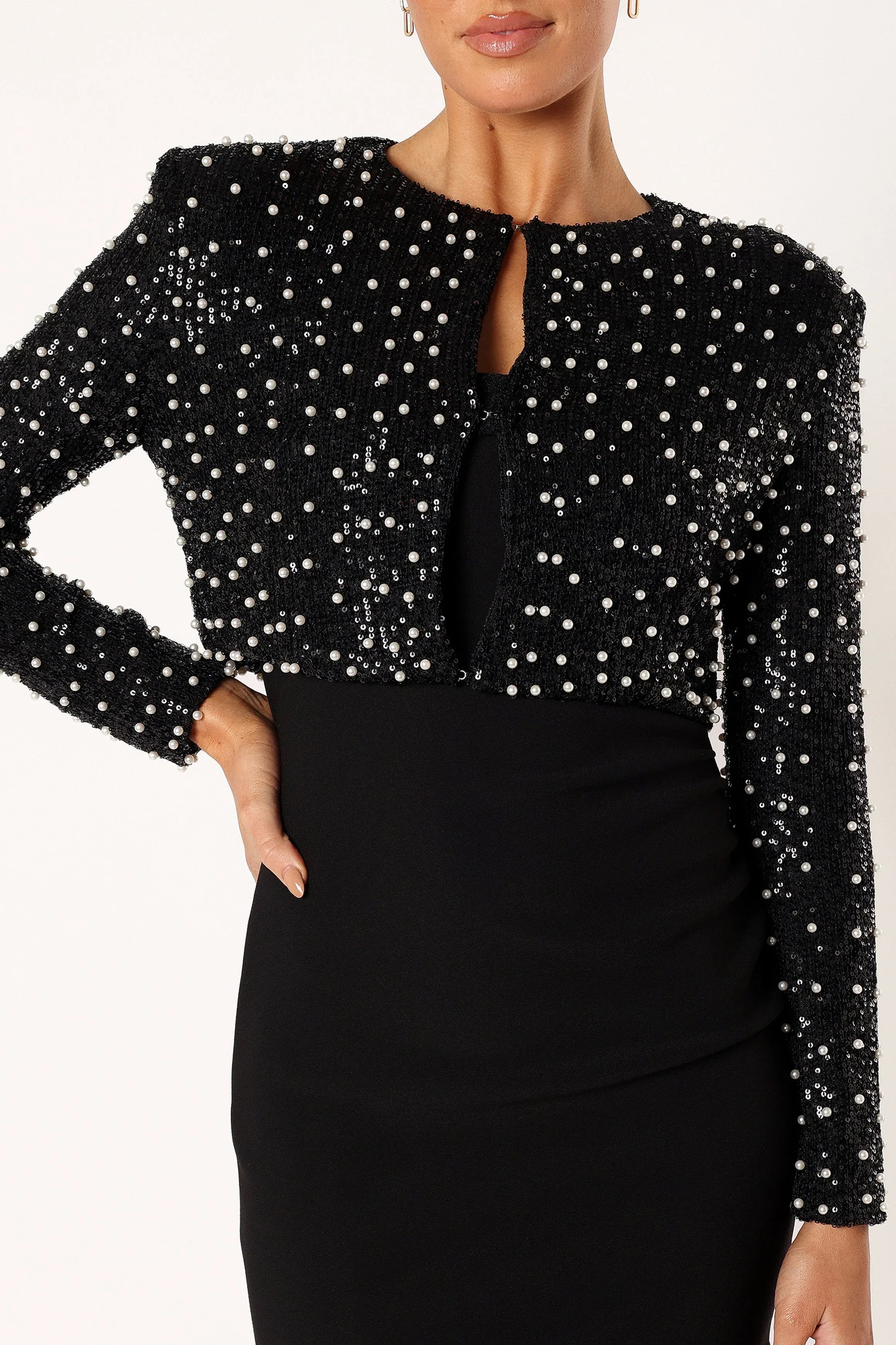 Monica All Over Pearl Crop Jacket Black