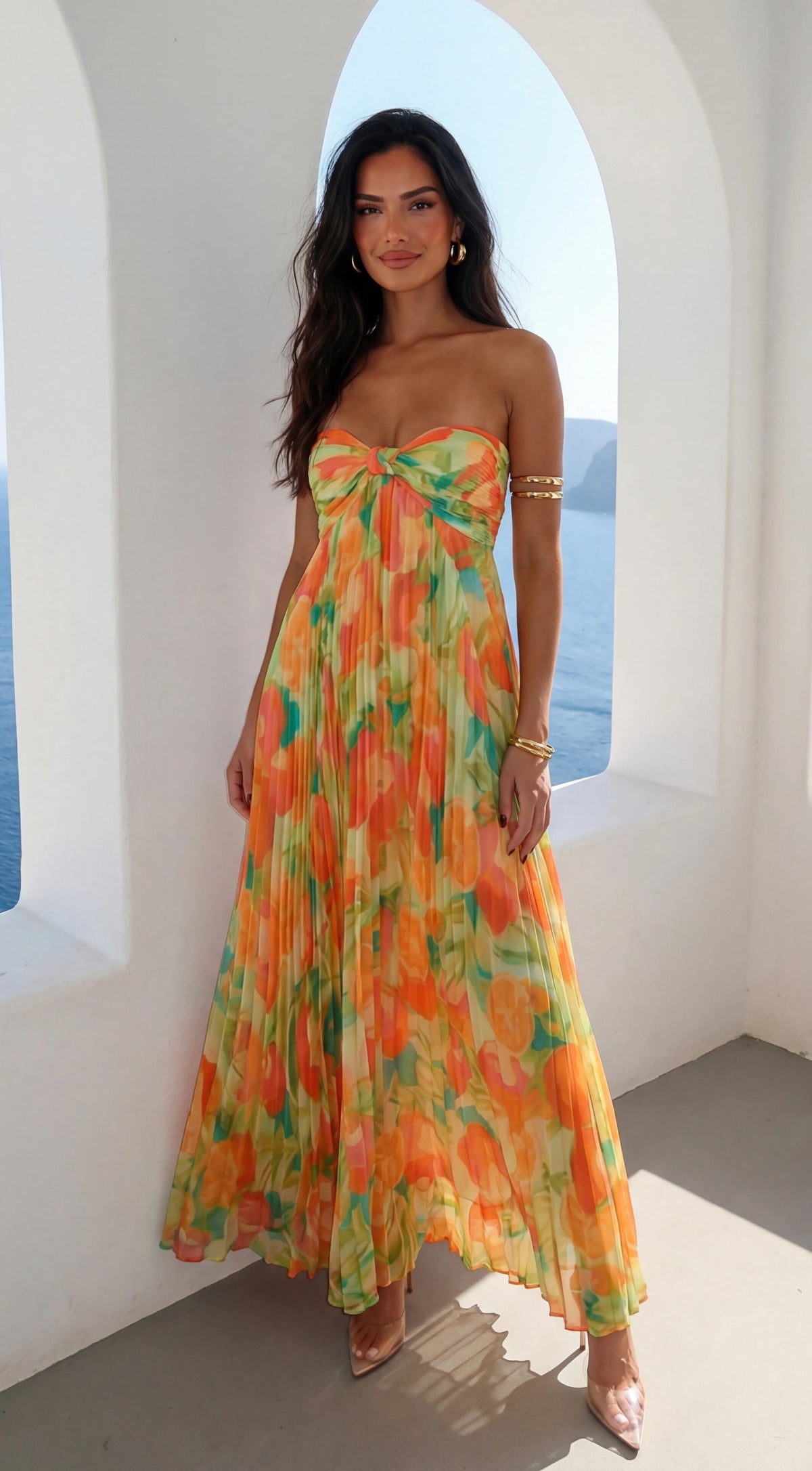 Nayira Floral Pleated Strapless Maxi Dress Orange Multi