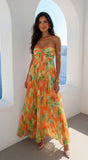 Nayira Floral Pleated Strapless Maxi Dress Orange Multi