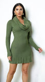 Velmira Cowl Neck Ribbed Mini Dress Green