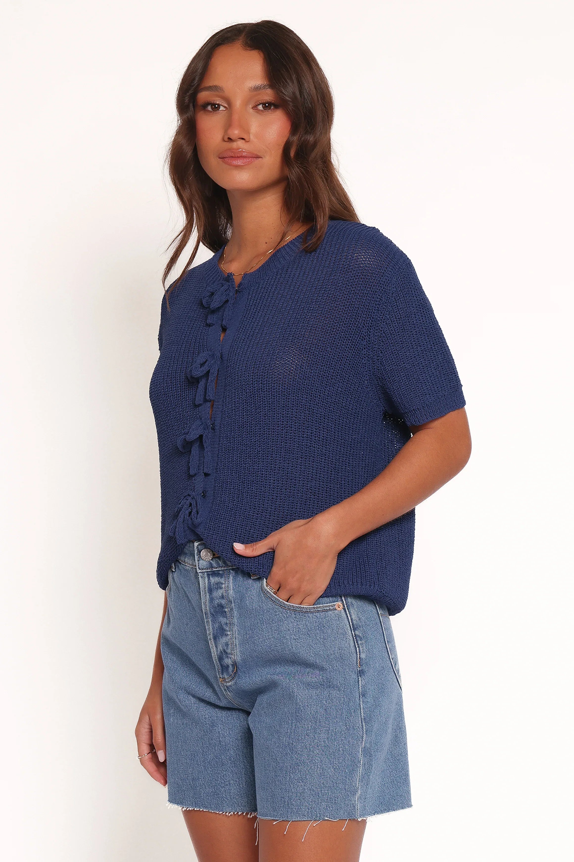 Gemma Short Sleeve Bow Cardigan Navy