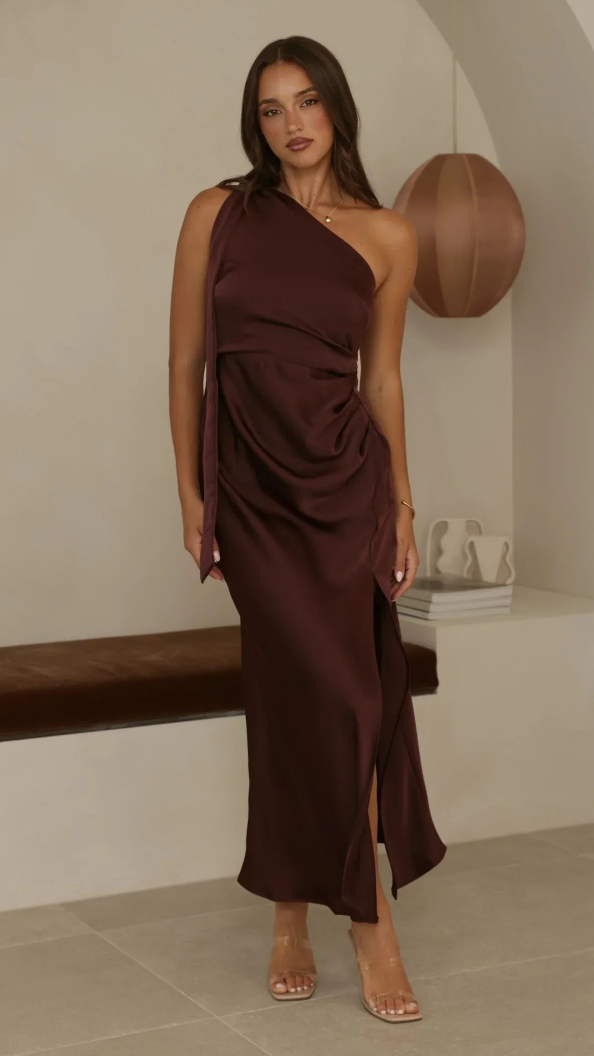 Halle One Shoulder Maxi Dress Chocolate