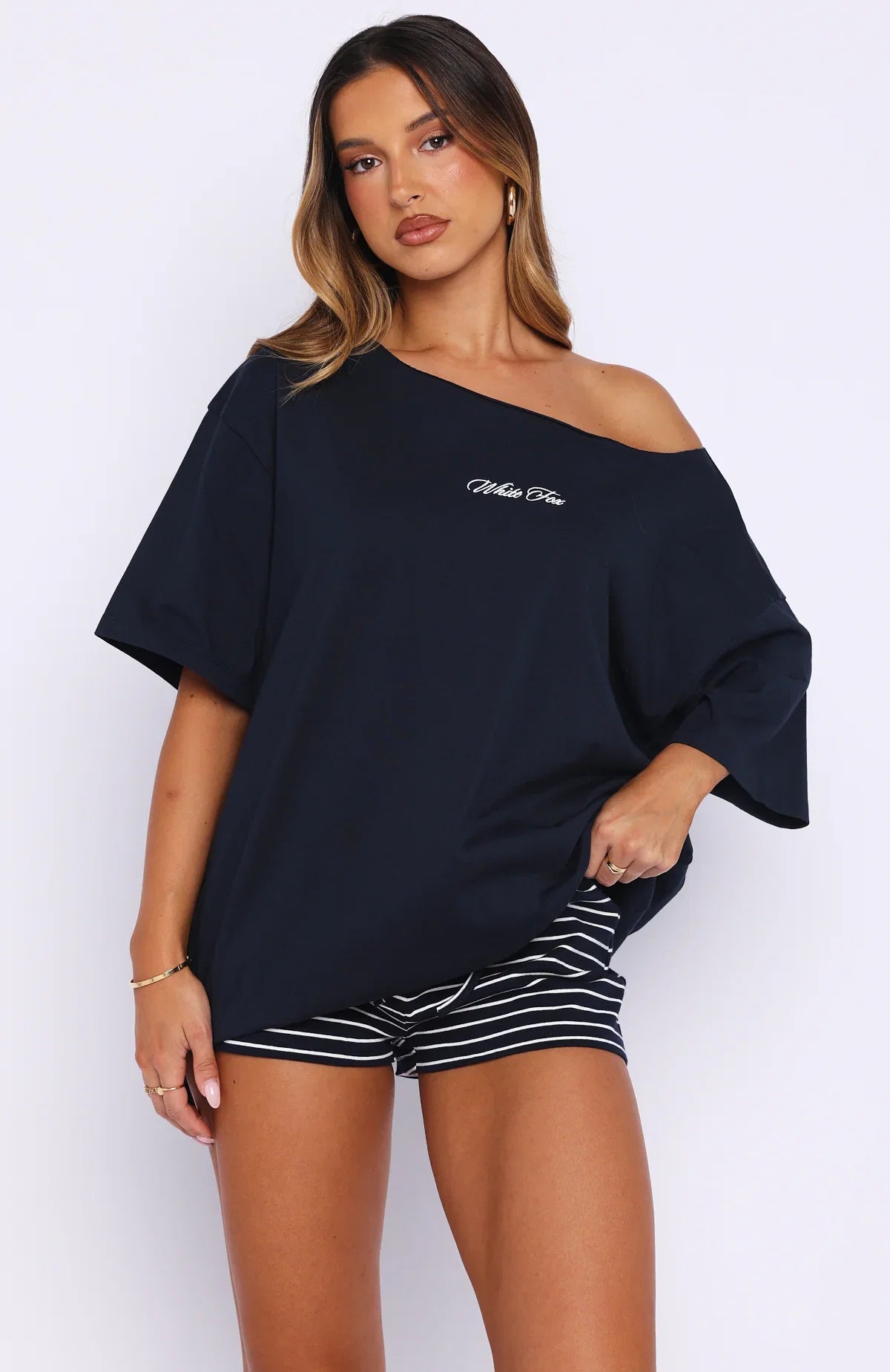Wishing For It Off Shoulder Oversized Tee Navy