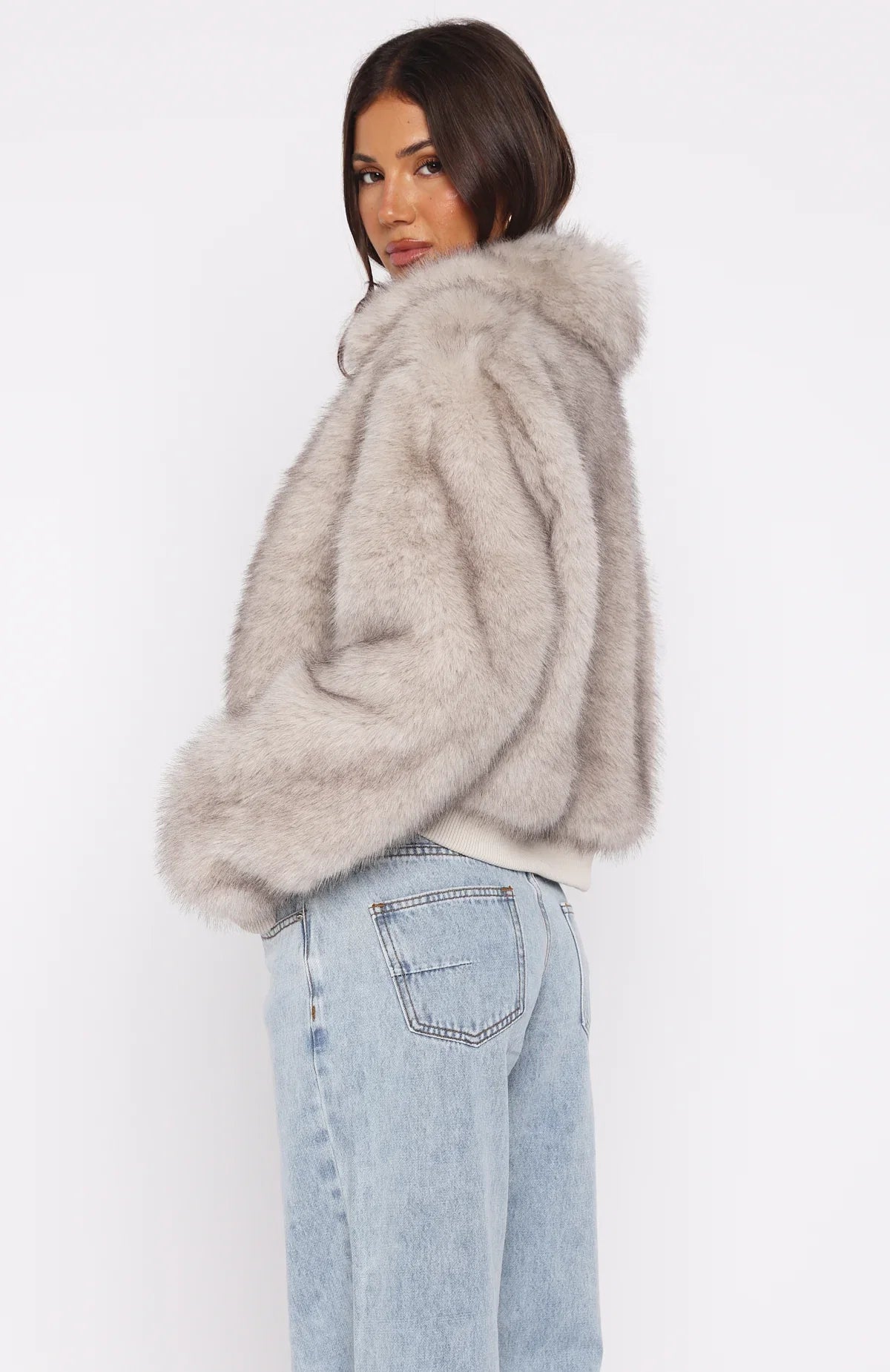 Glacial Chic Faux Fur Bomber Jacket Smokey Taupe