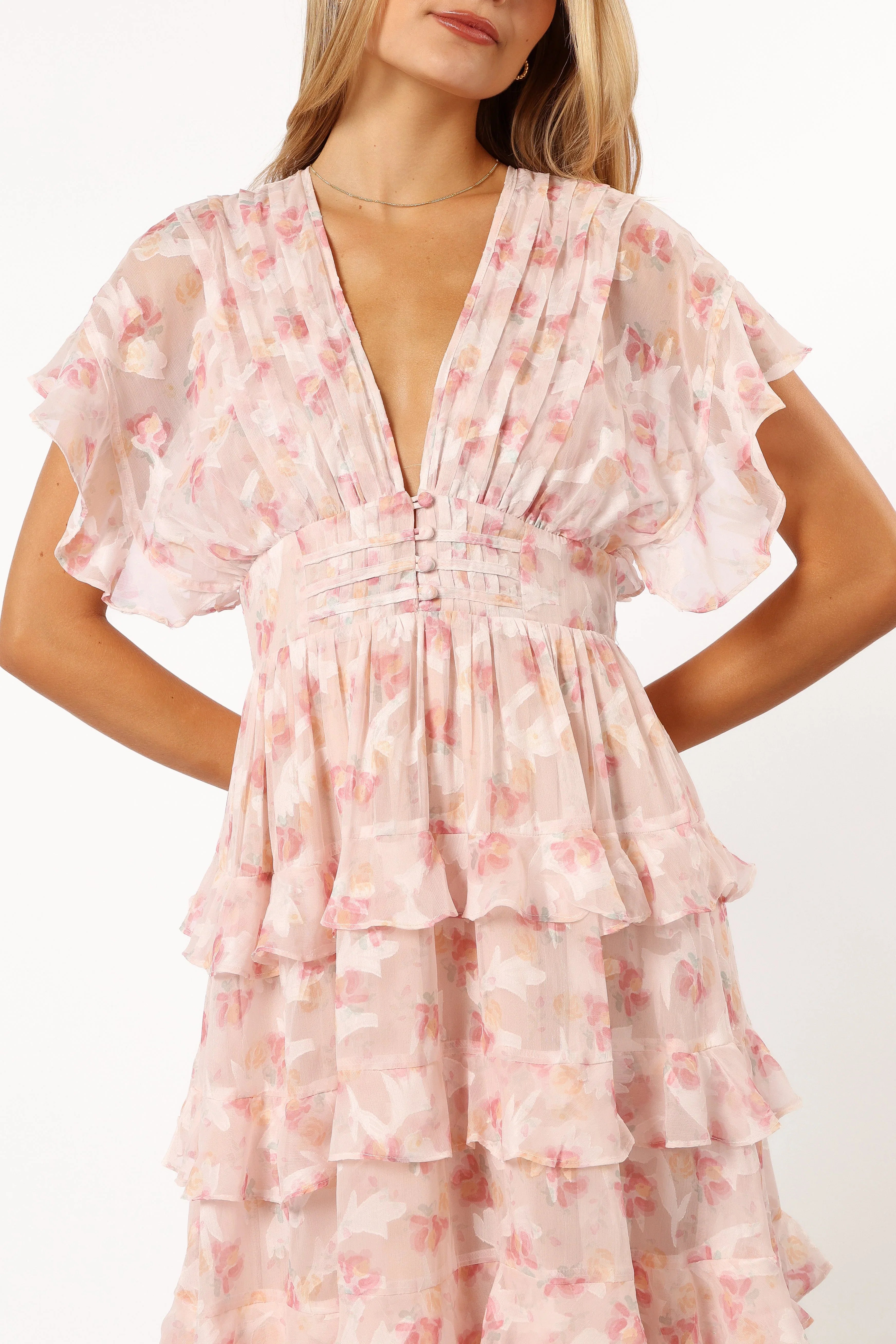 Daphne Ruffle Midi Dress Pink Orange