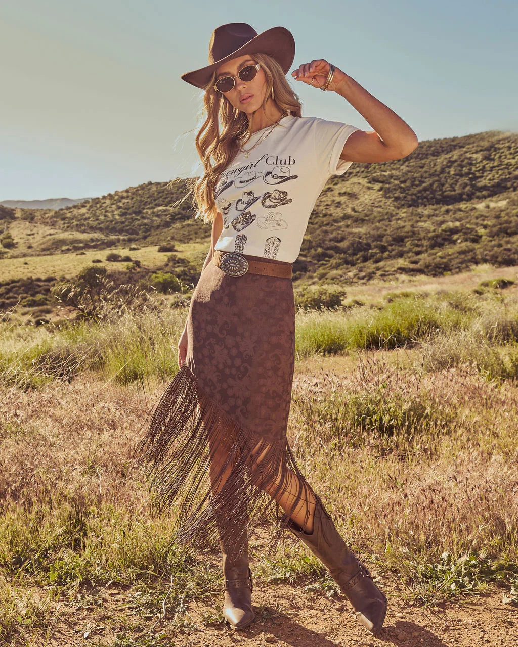 Rustic Outlaw Fringe Satin Jacquard Midi Skirt
