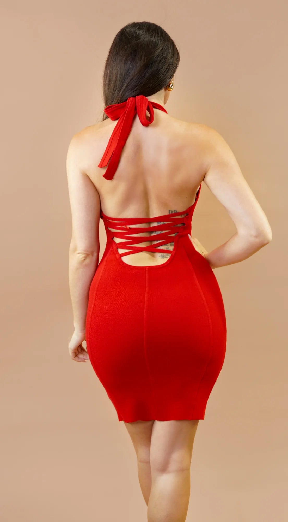 Cintara Knit Halter Neck Mini Dress Red