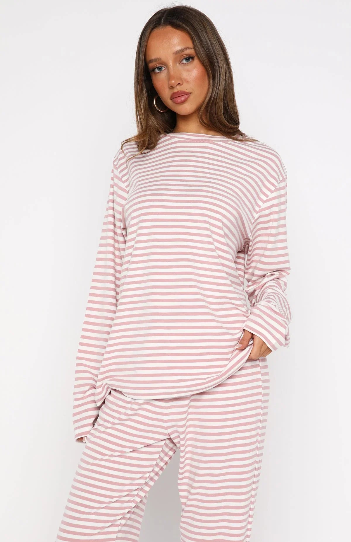 Slow Life Long Sleeve Pyjama Top Pink White Stripe