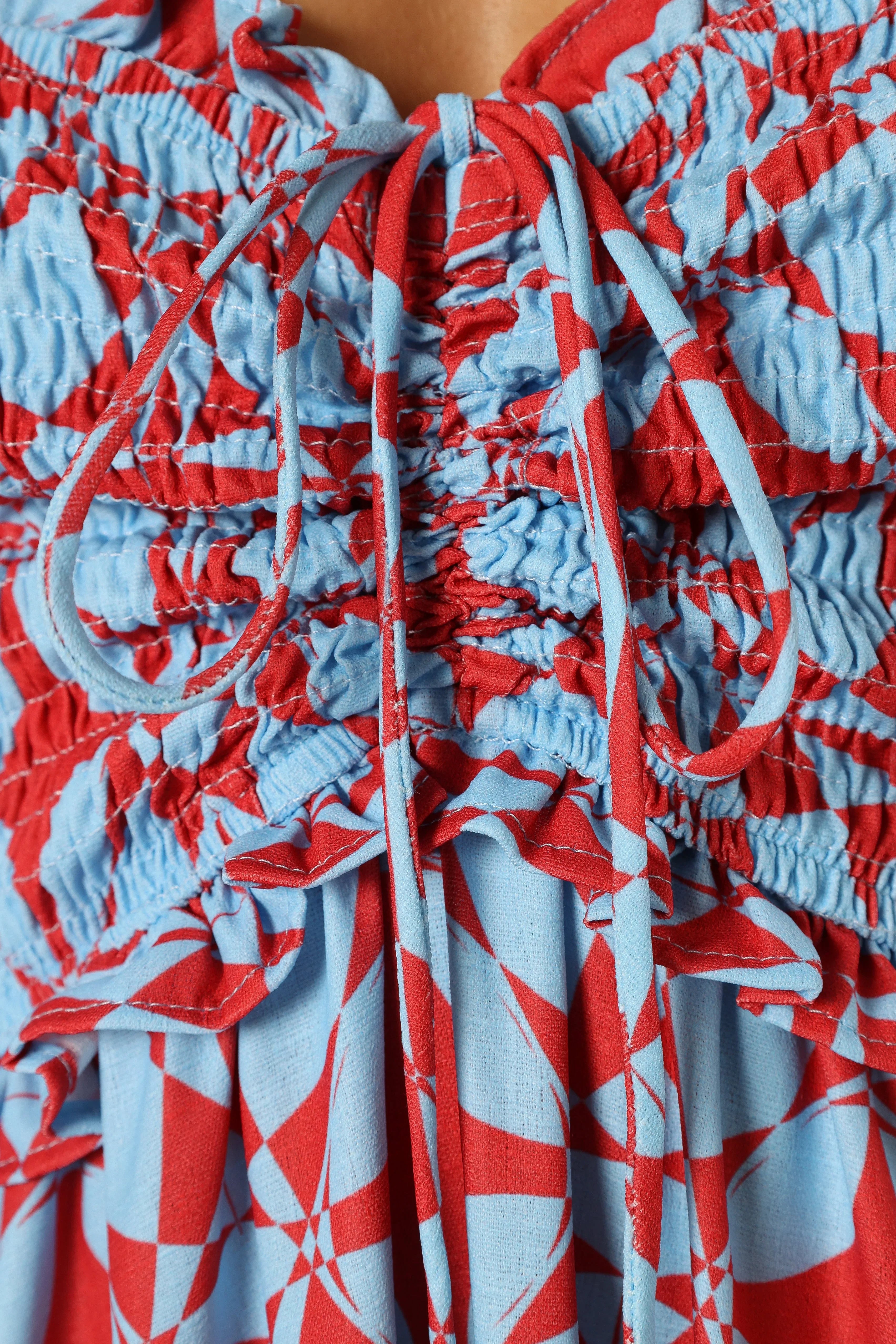 Dayton Strapless Midi Dress Red Blue