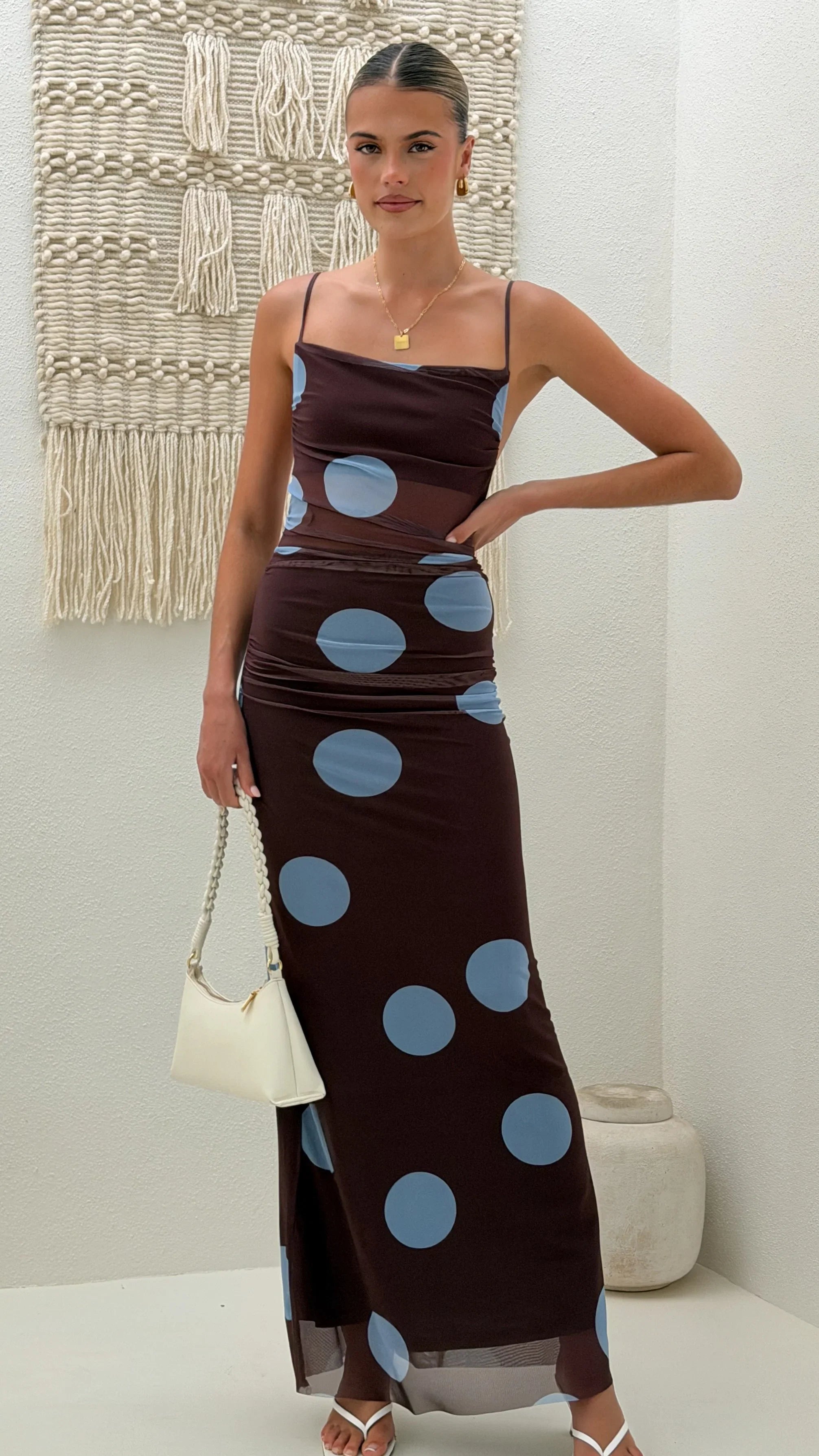 Loralei Mesh Maxi Dress Brown Blue Polka Dot