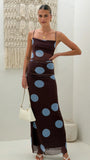 Loralei Mesh Maxi Dress Brown Blue Polka Dot